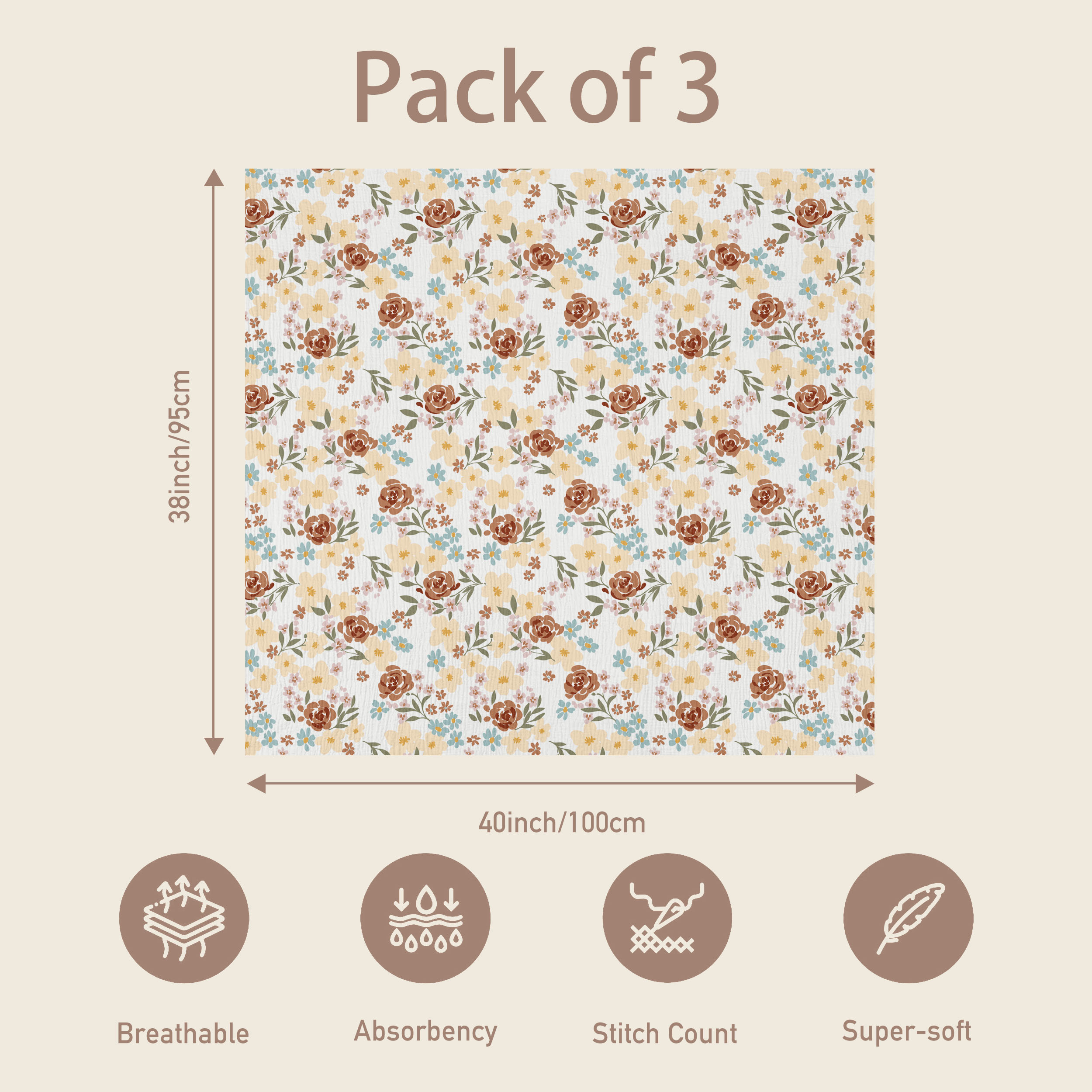 Muslin Swaddle Blankets 3-Pack | 38"x40" | Rustic Meadow Floral