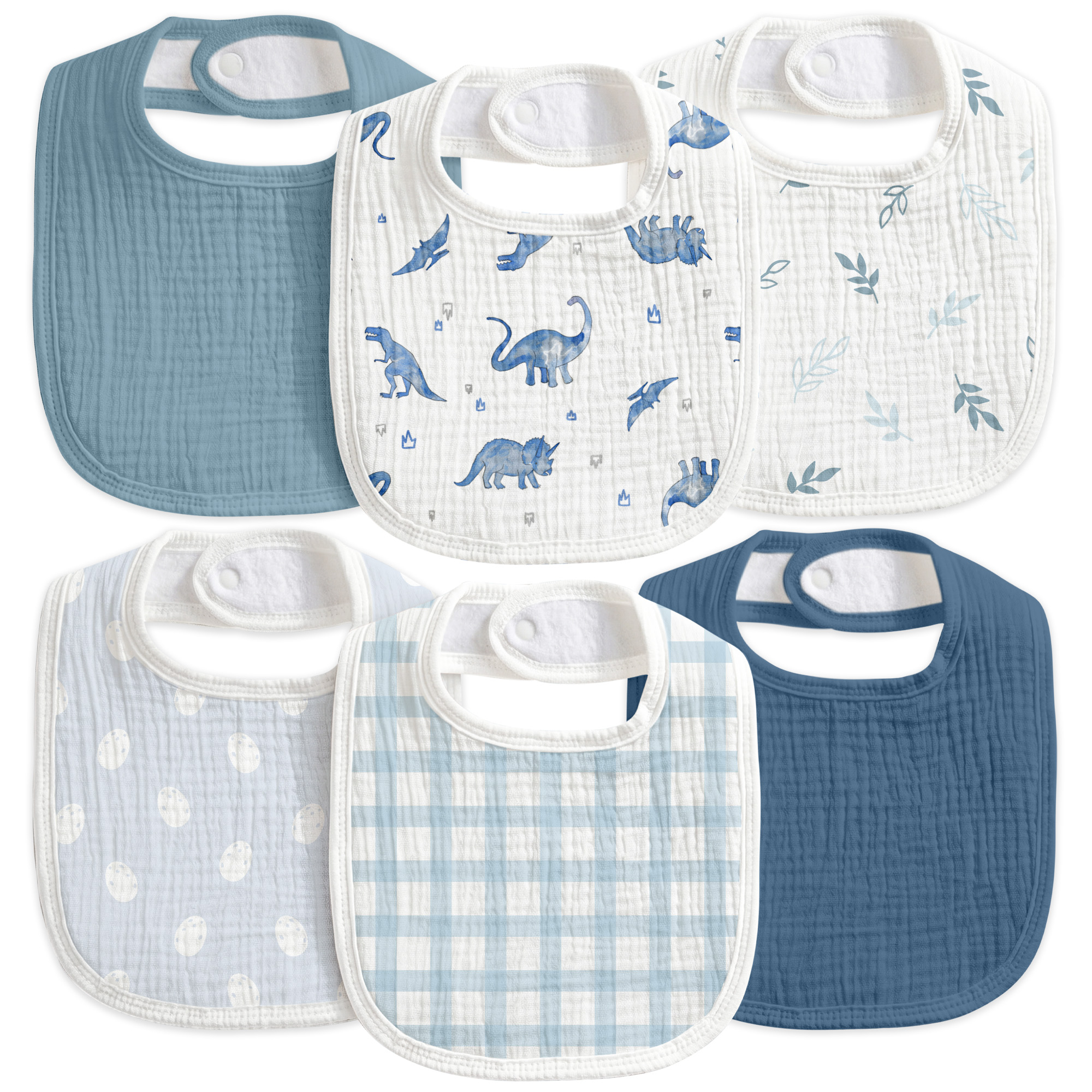 Blue Dino Plaid | Baby Muslin Bibs 6 Pack | 0-36 Months
