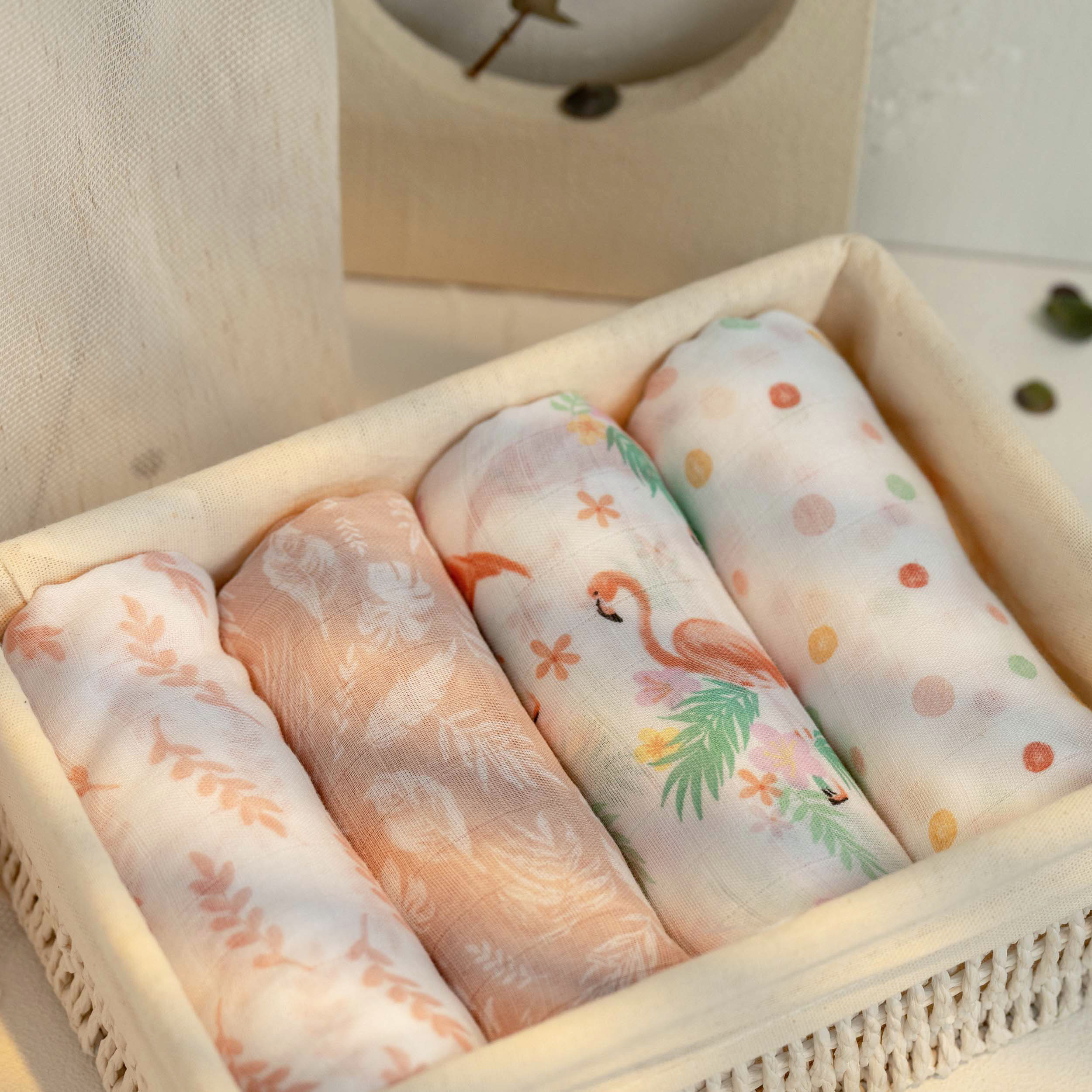 Muslin Swaddle Blankets 4-Pack | 35"x40" | Flamingo Garden
