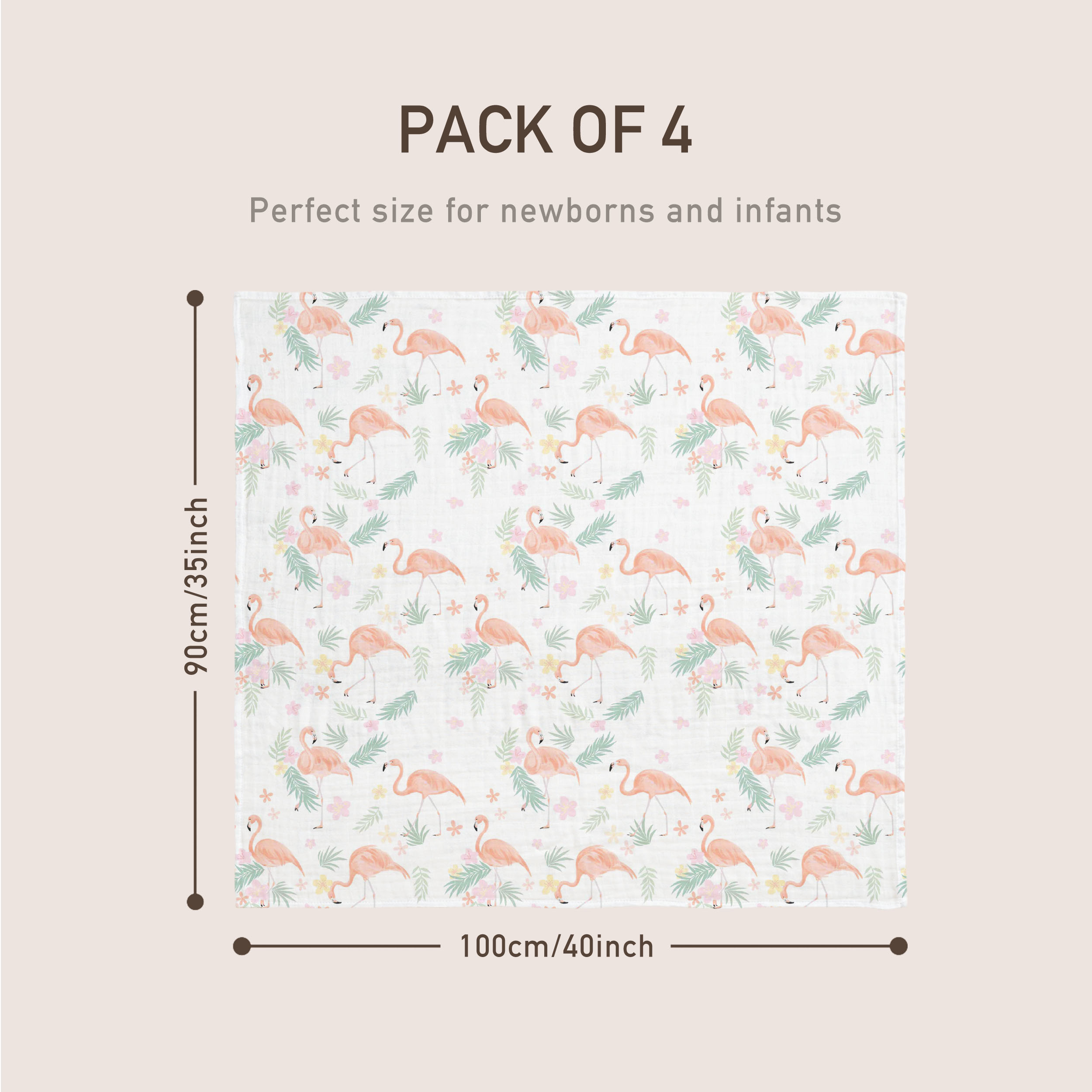 Muslin Swaddle Blankets 4-Pack | 35"x40" | Flamingo Garden