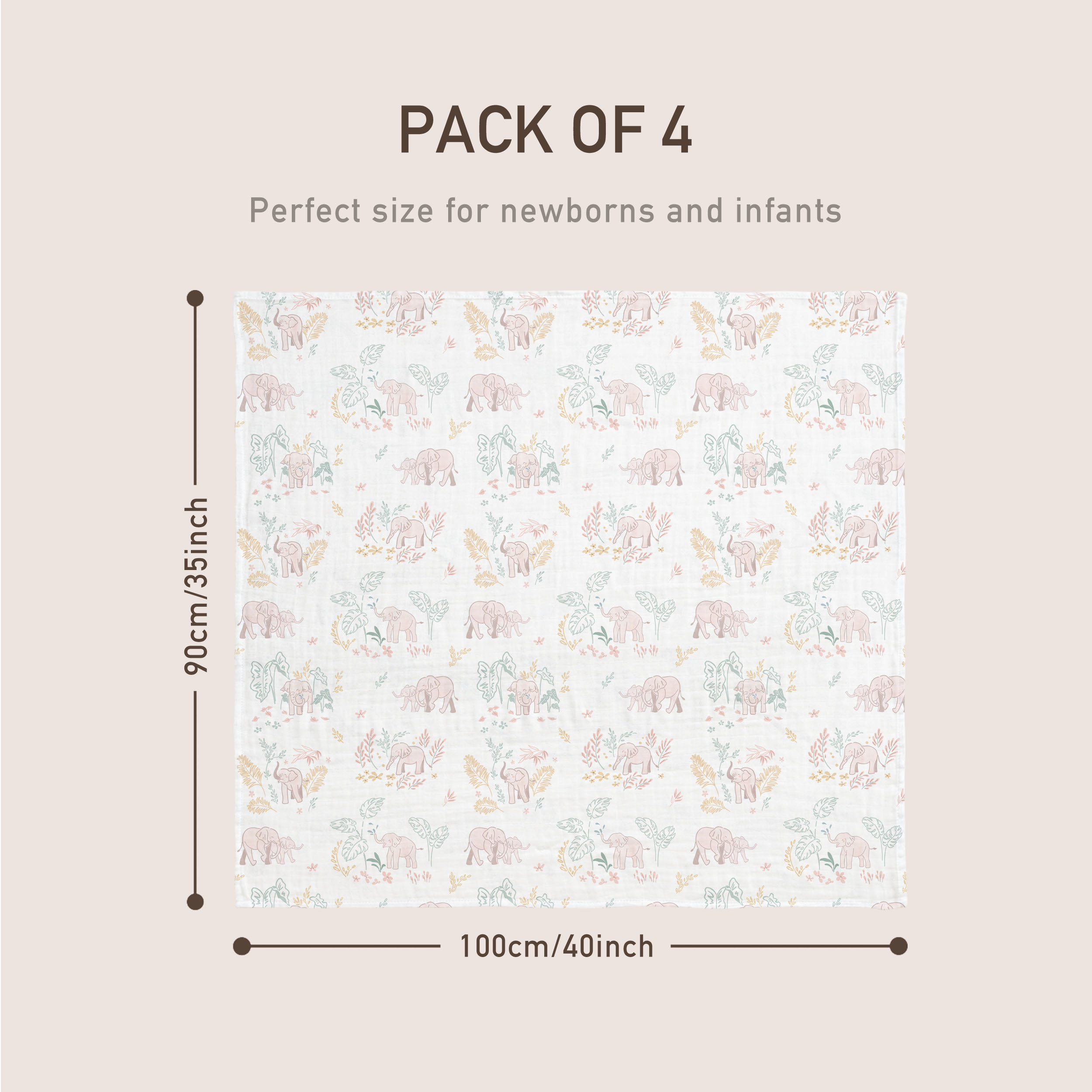 Muslin Swaddle Blankets 4-Pack | 35"x40" | Line-Talk Elephant