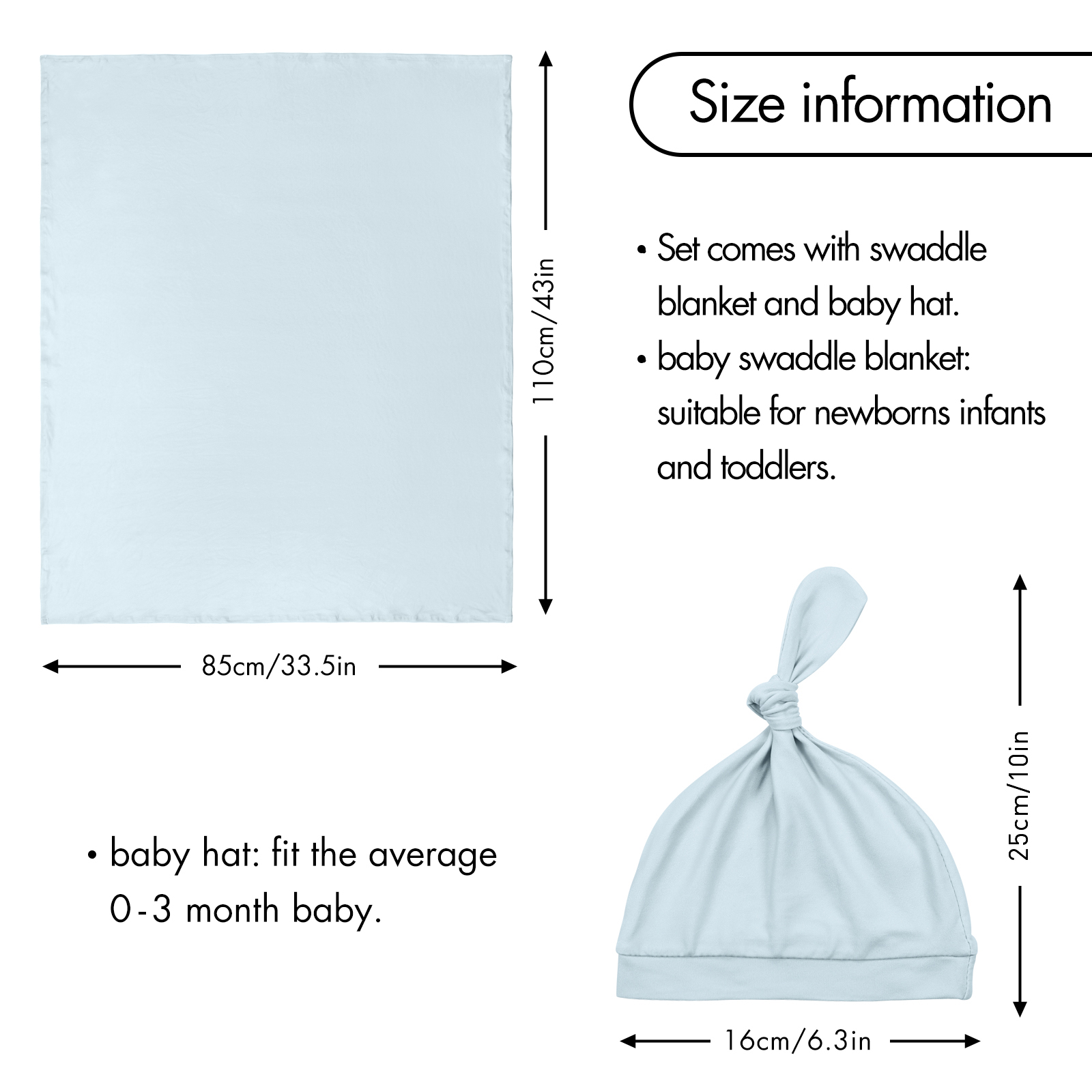 Sky Blue | Baby Swaddle and Hat Set | 33.5*43inch