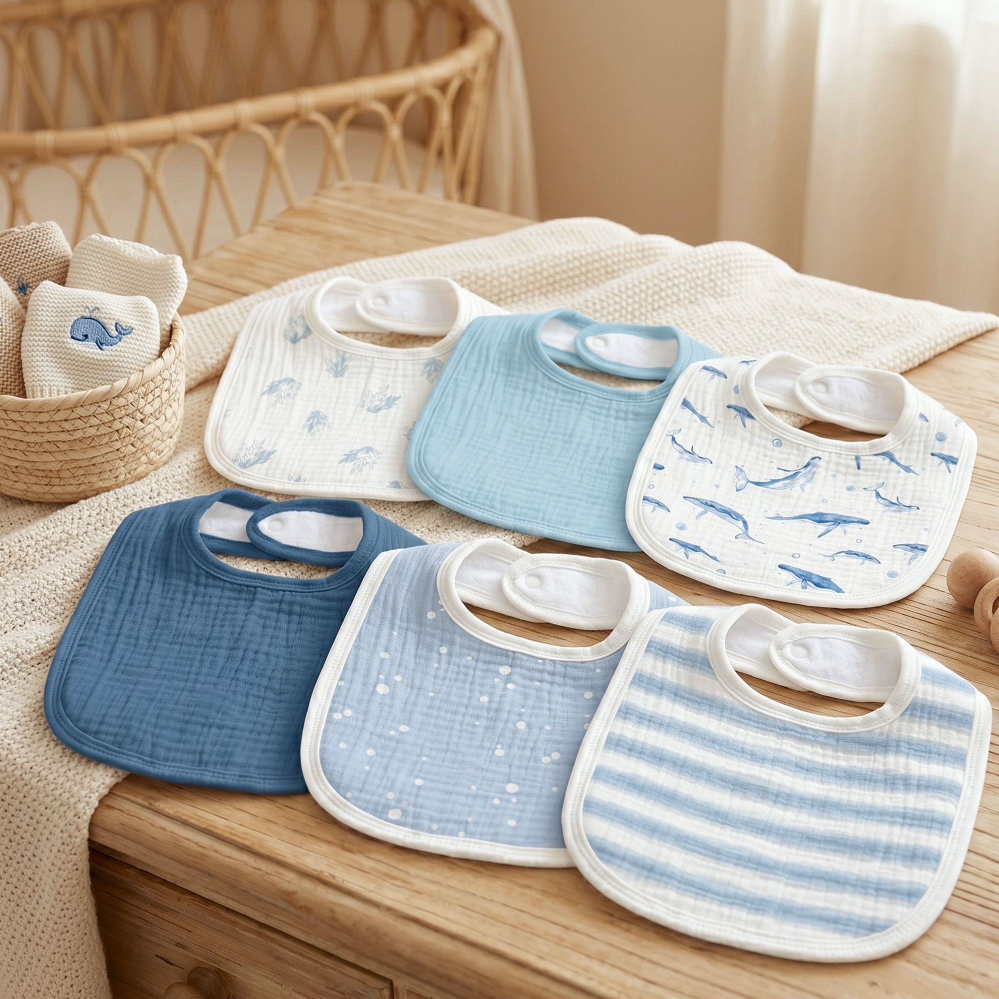 Ocean Whale Chart | Baby Muslin Bibs 6 Pack | 0-36 Months