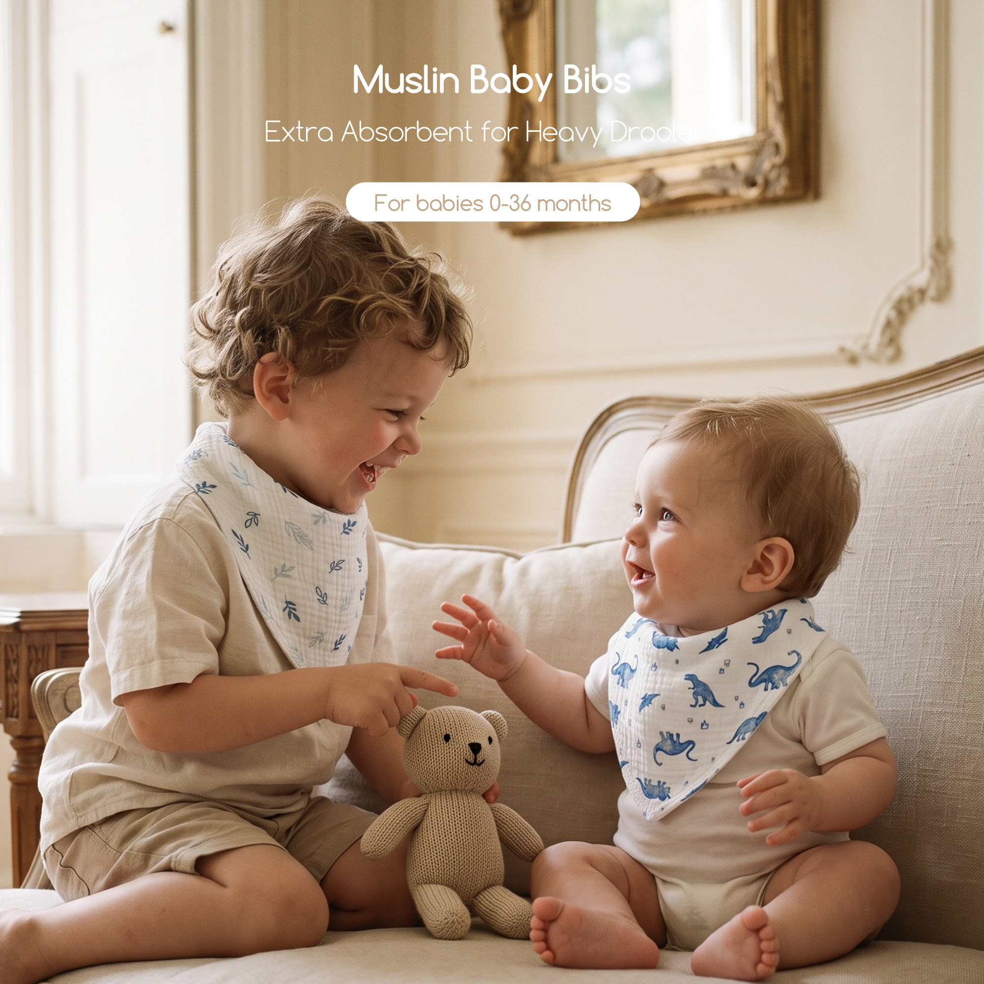 Blue Dino Plaid | Soft & Absorbent Muslin Bandana Bibs 10 Pack