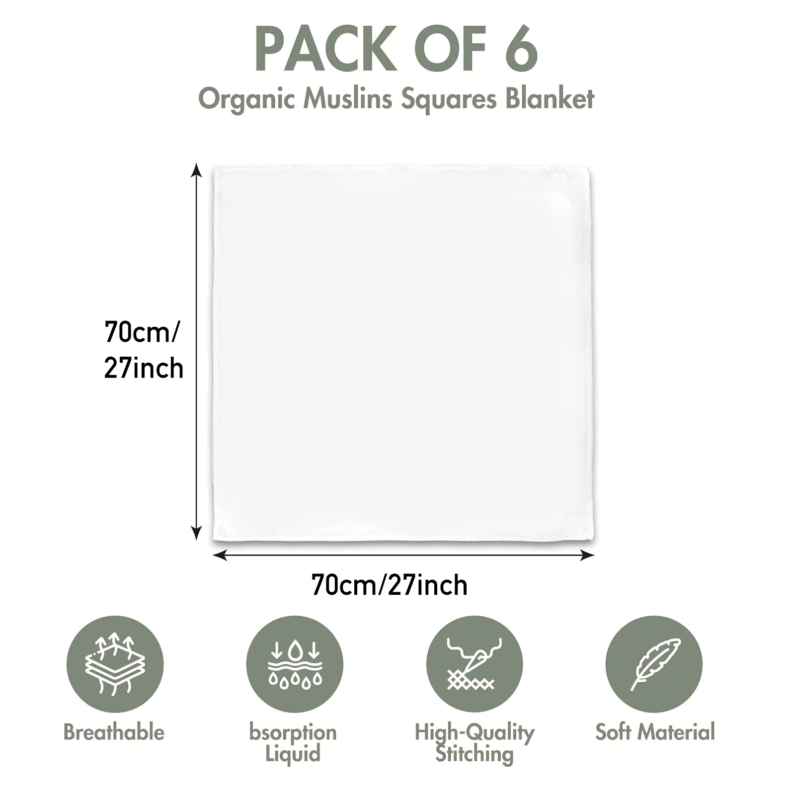 Muslin Swaddle Blankets 6-Pack | 27x27" | White