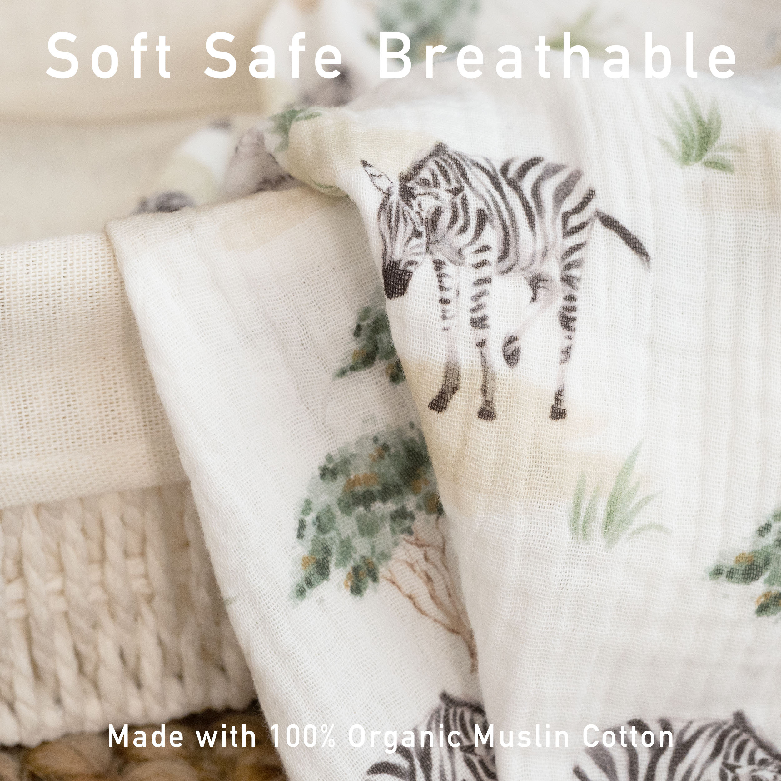 Muslin Swaddle Blankets 3-Pack | 38"x40" | Safari Whisper
