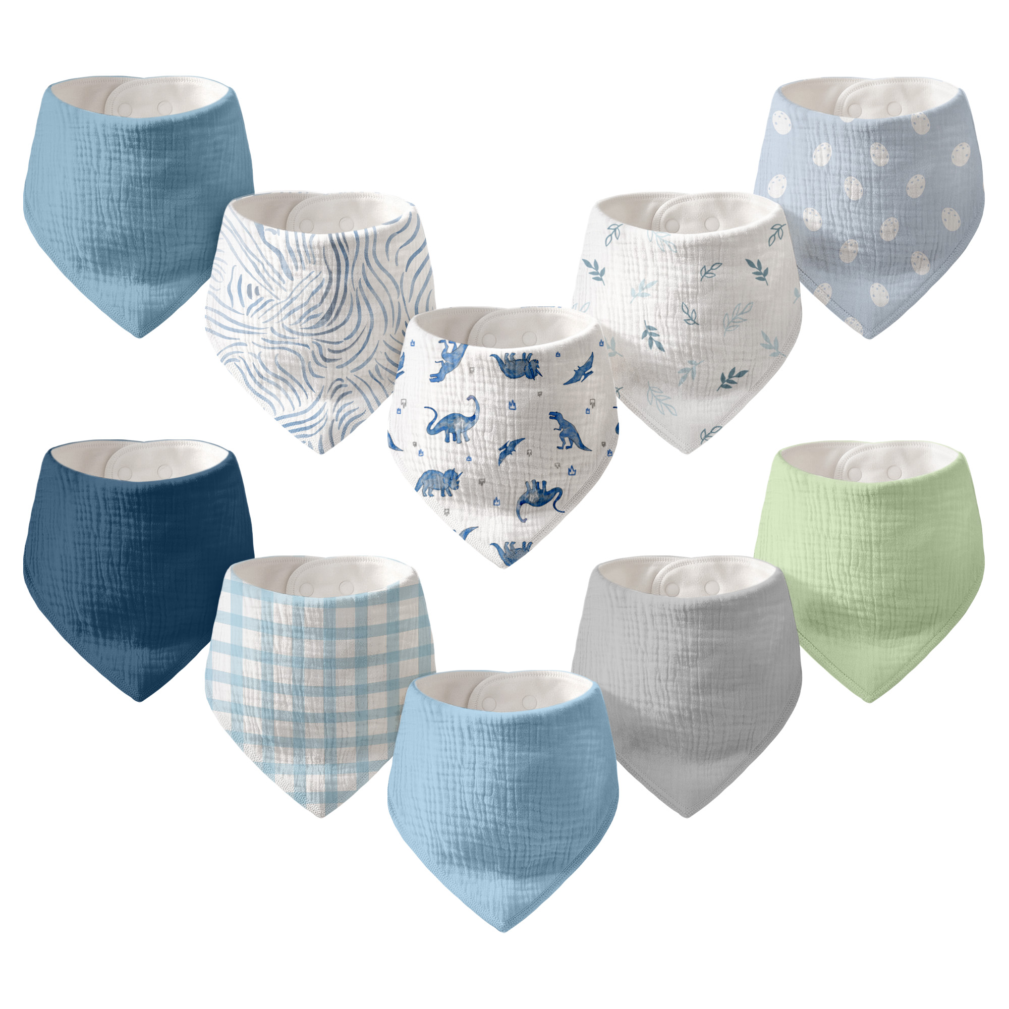 Blue Dino Plaid | Soft & Absorbent Muslin Bandana Bibs 10 Pack