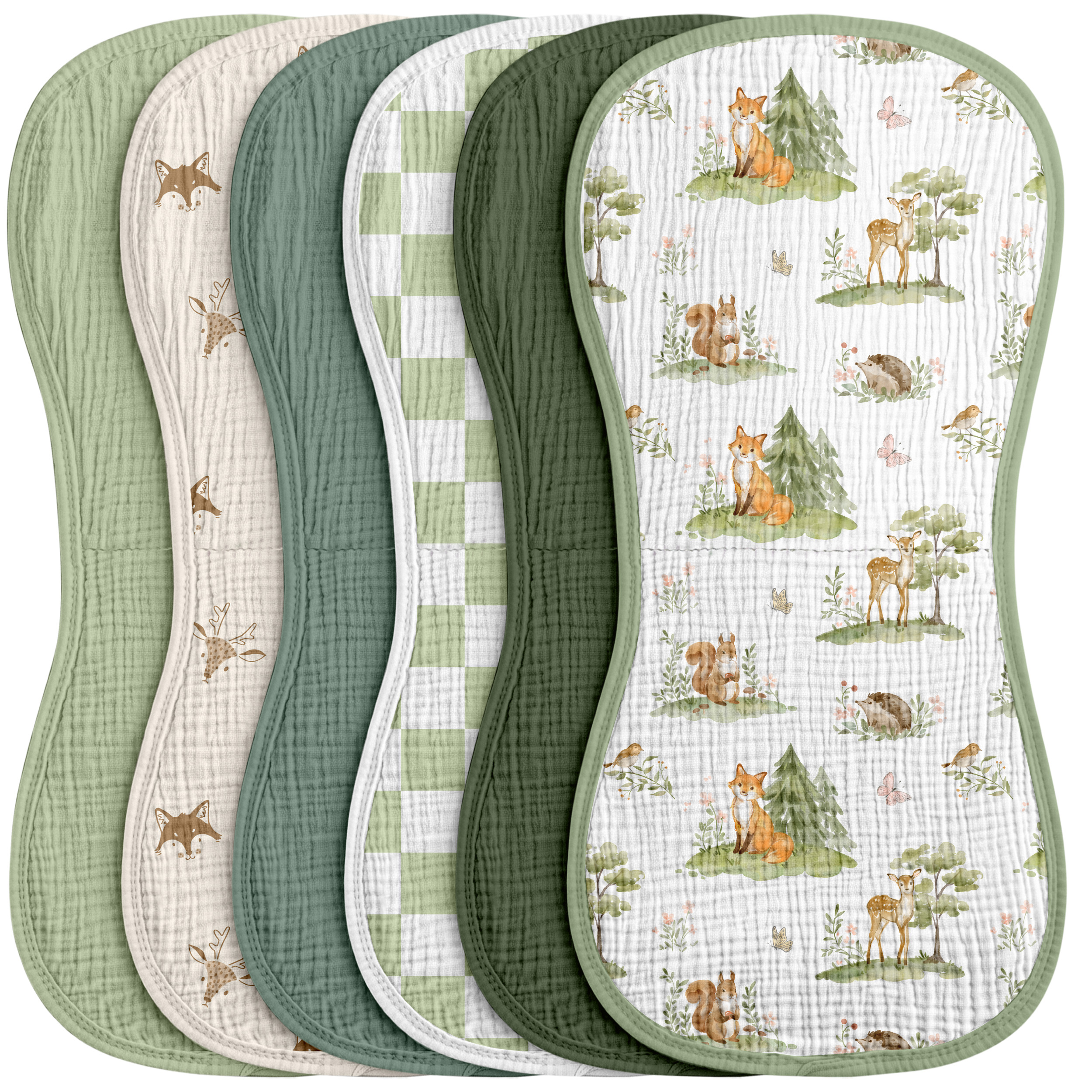 Organic Muslin Cotton Burp Cloths 6 Pack -  Green Forest Fox