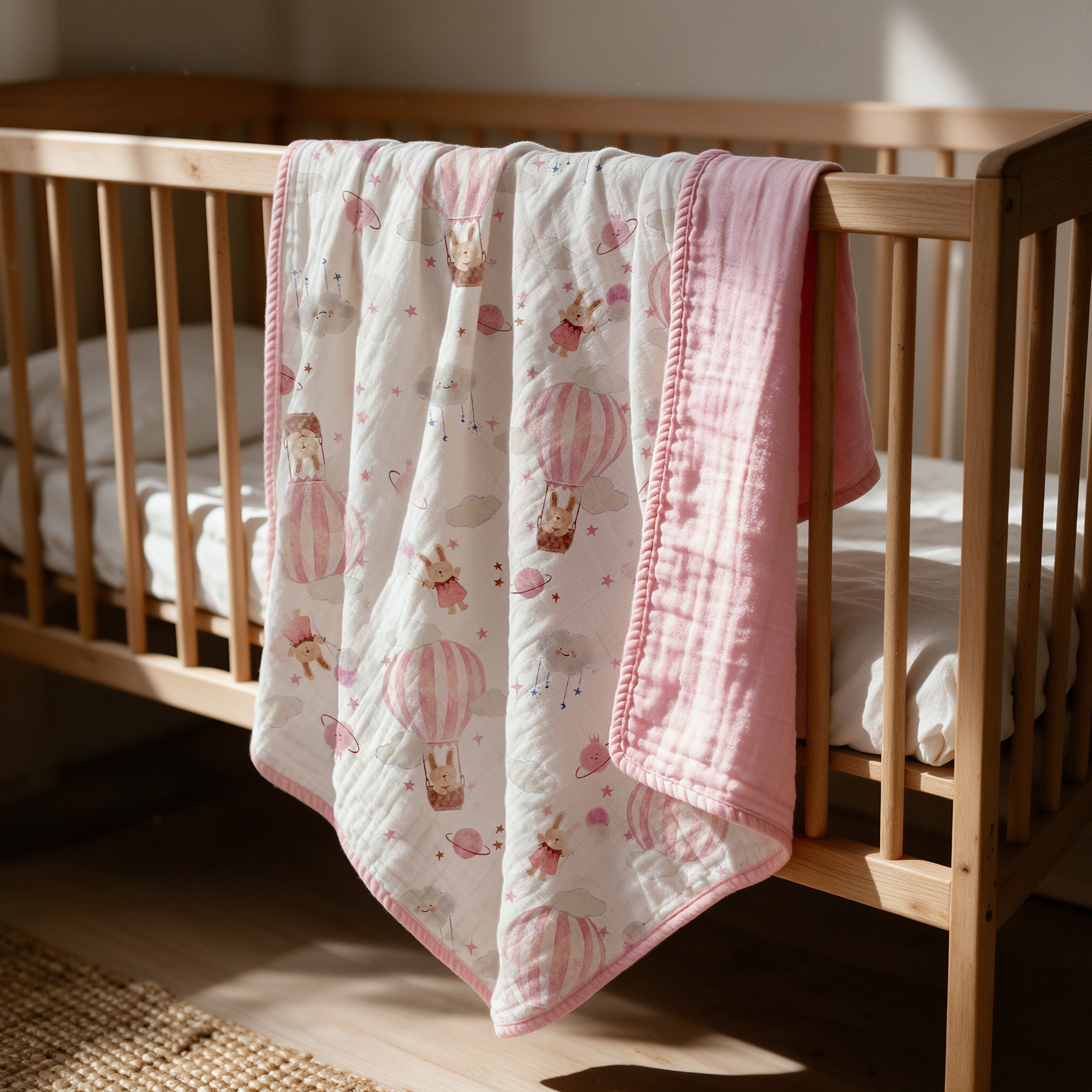 Muslin Swaddle Blankets 1-Pack | 31.5x43.3" | Pink Bunny Balloon