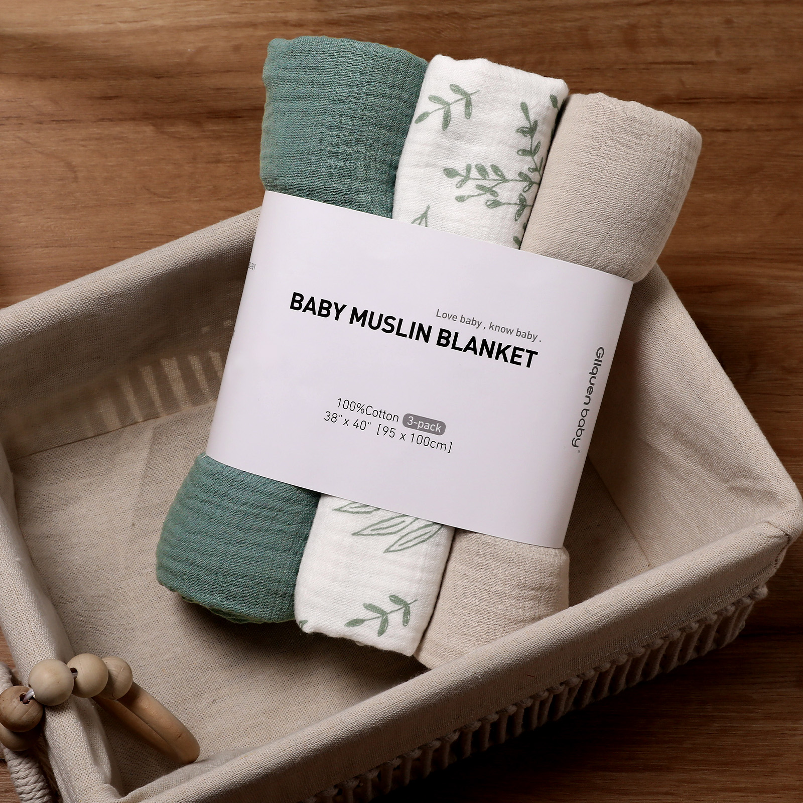 Muslin Swaddle Blankets 3-Pack, 38"x40" - Eucalyptus 