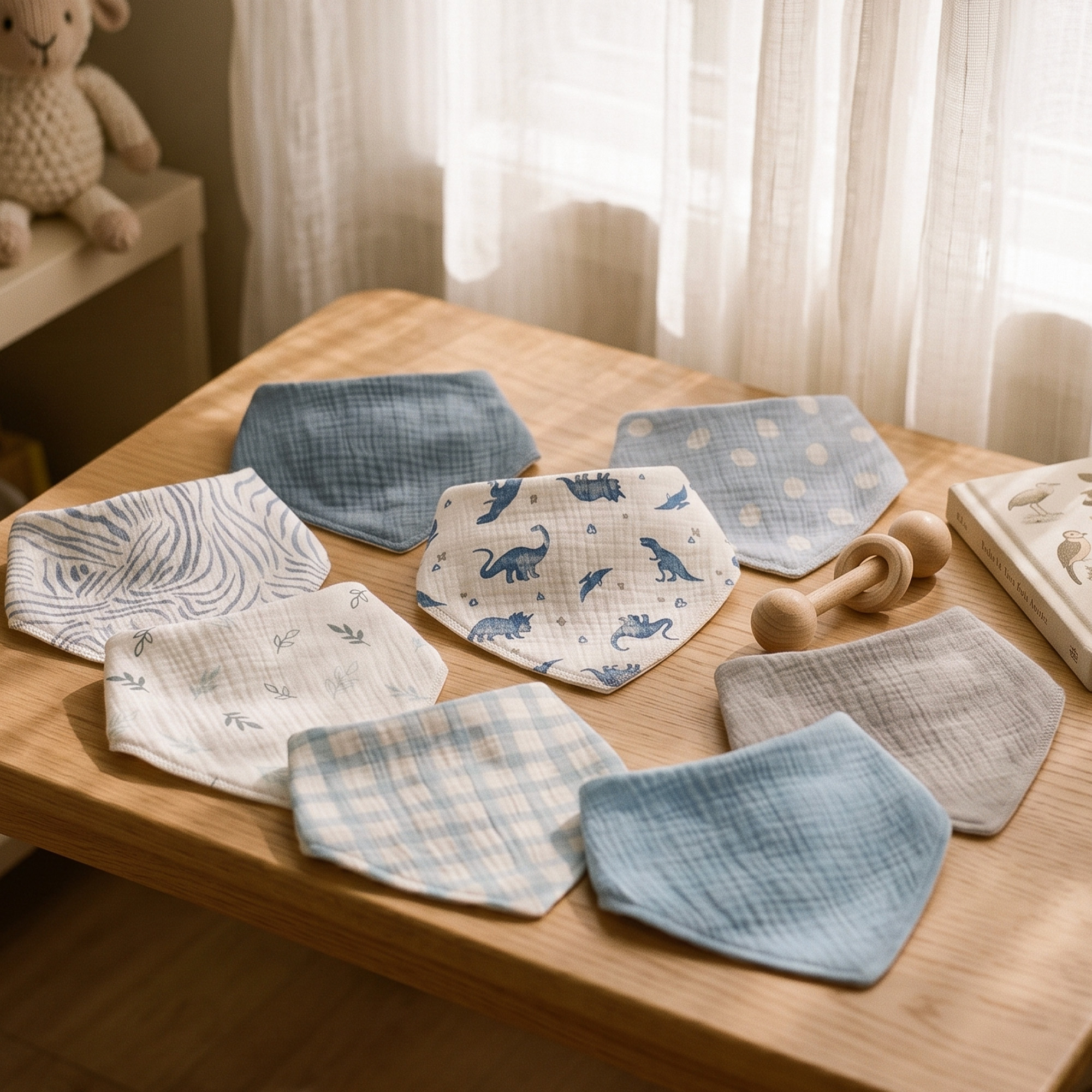 Blue Dino Plaid | Soft & Absorbent Muslin Bandana Bibs 10 Pack