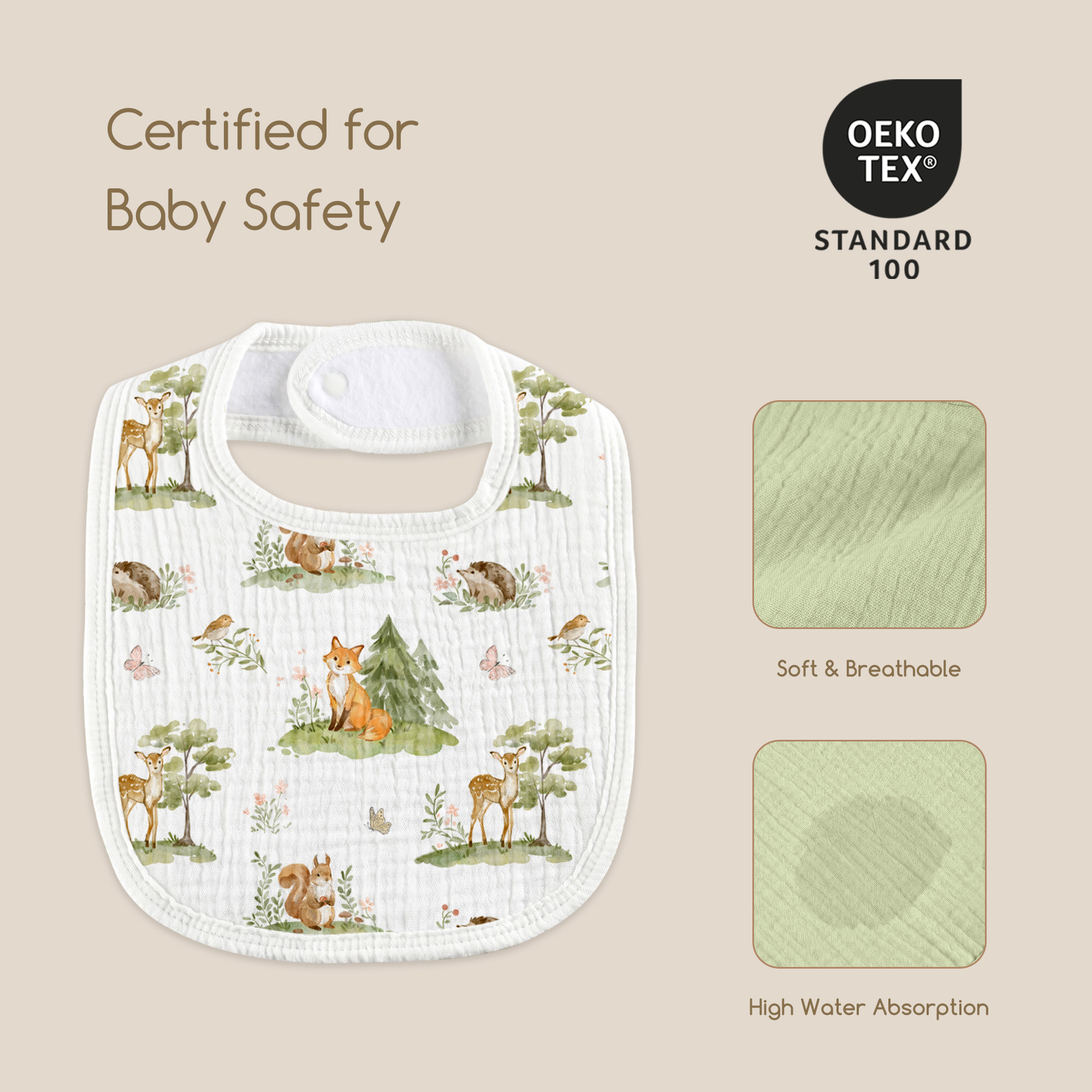 Green Forest Fox | Baby Muslin Bibs 6 Pack | 0-36 Months