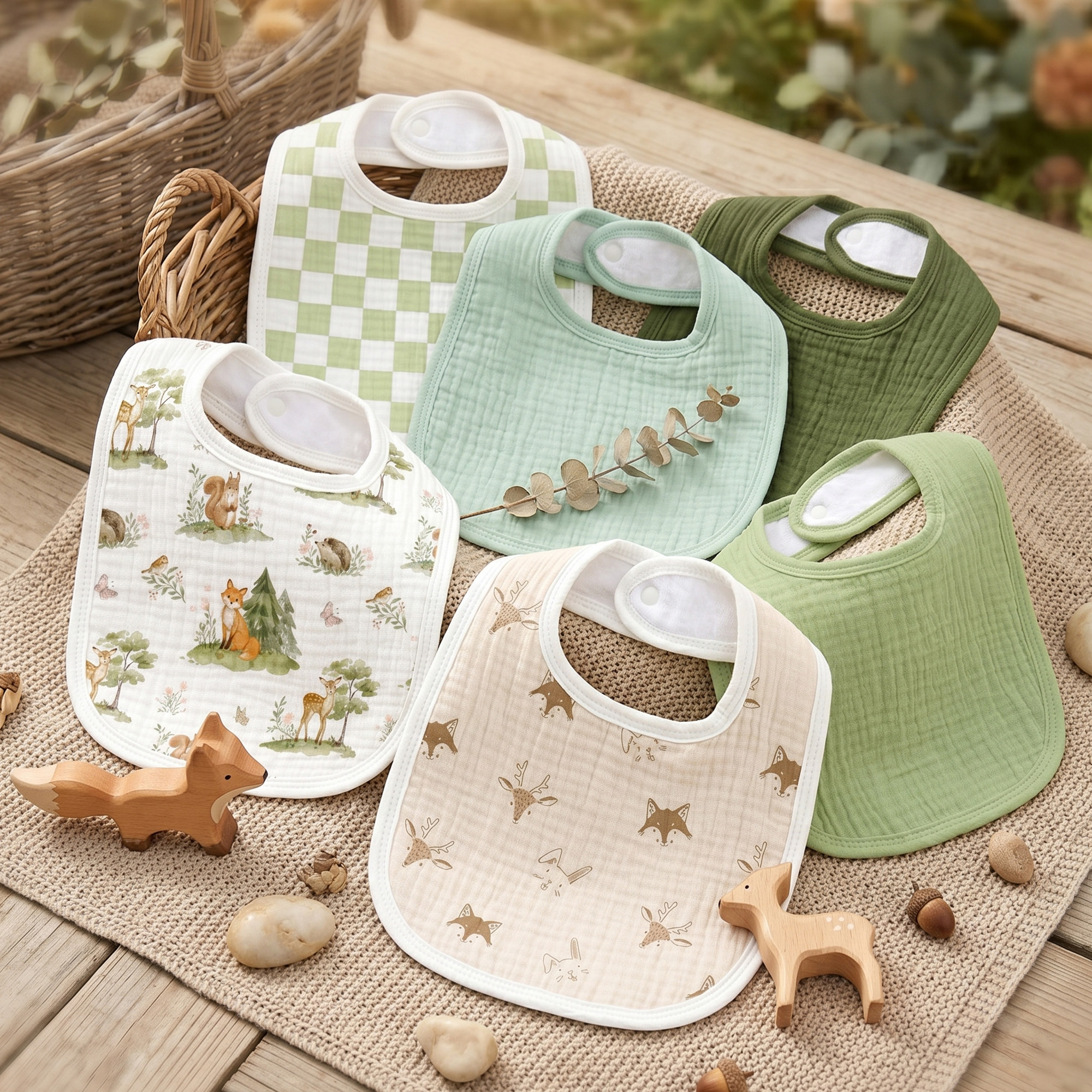 Green Forest Fox | Baby Muslin Bibs 6 Pack | 0-36 Months