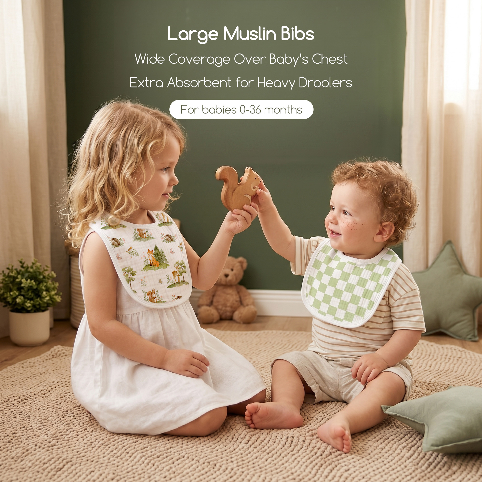 Green Forest Fox | Baby Muslin Bibs 6 Pack | 0-36 Months