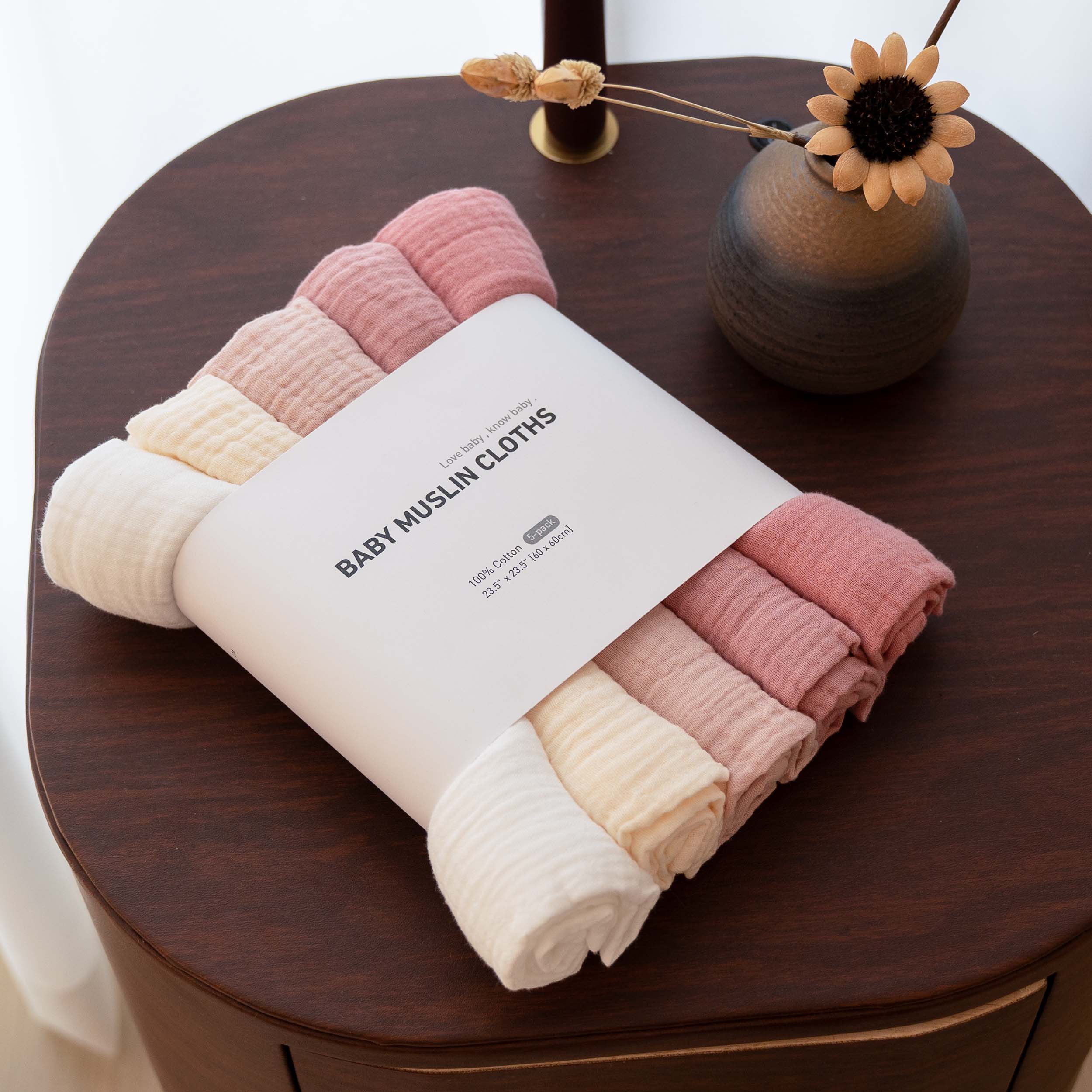 Muslin Swaddle Blankets 5-Pack | 23.5"x23.5" | Mellow Pink