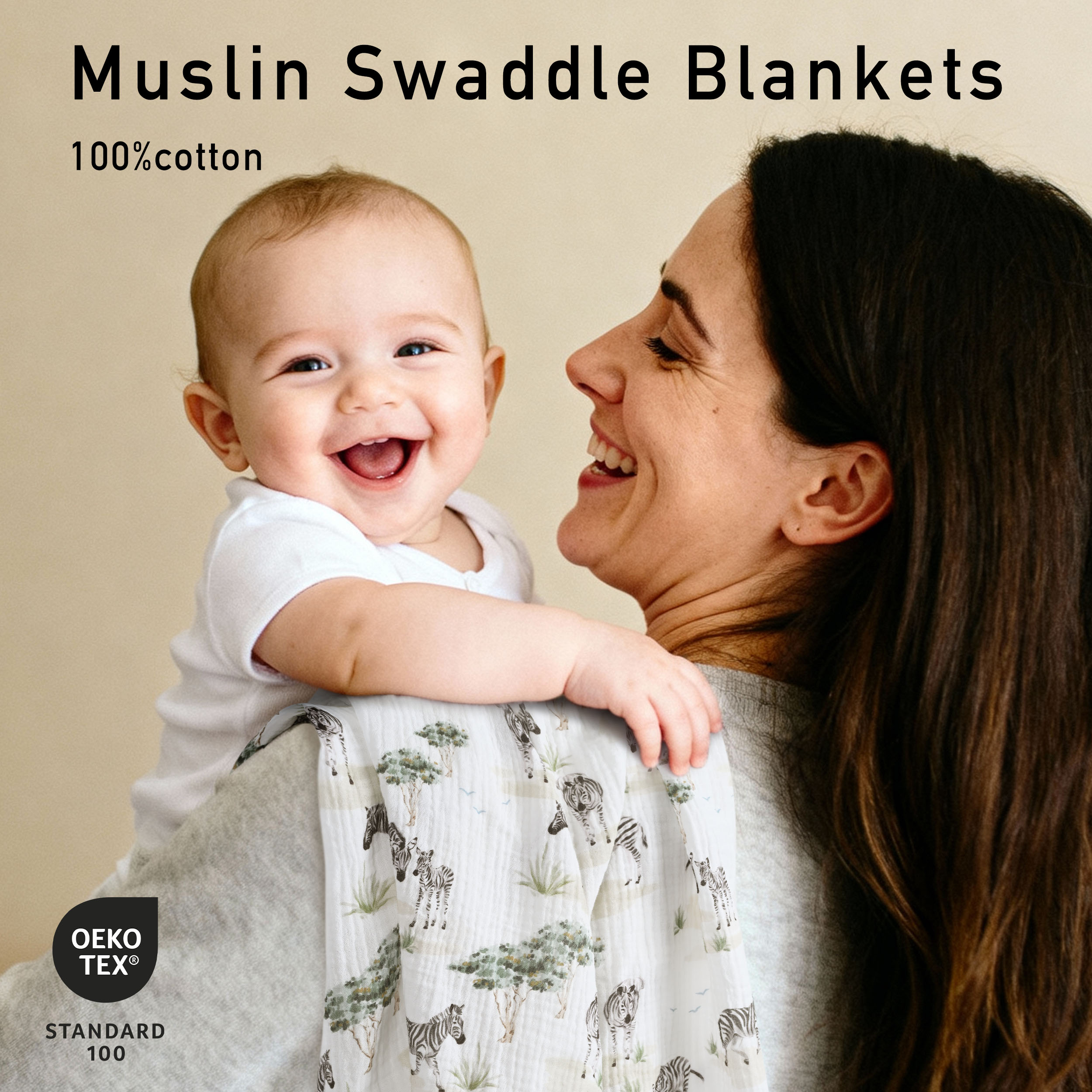 Muslin Swaddle Blankets 3-Pack | 38"x40" | Safari Whisper