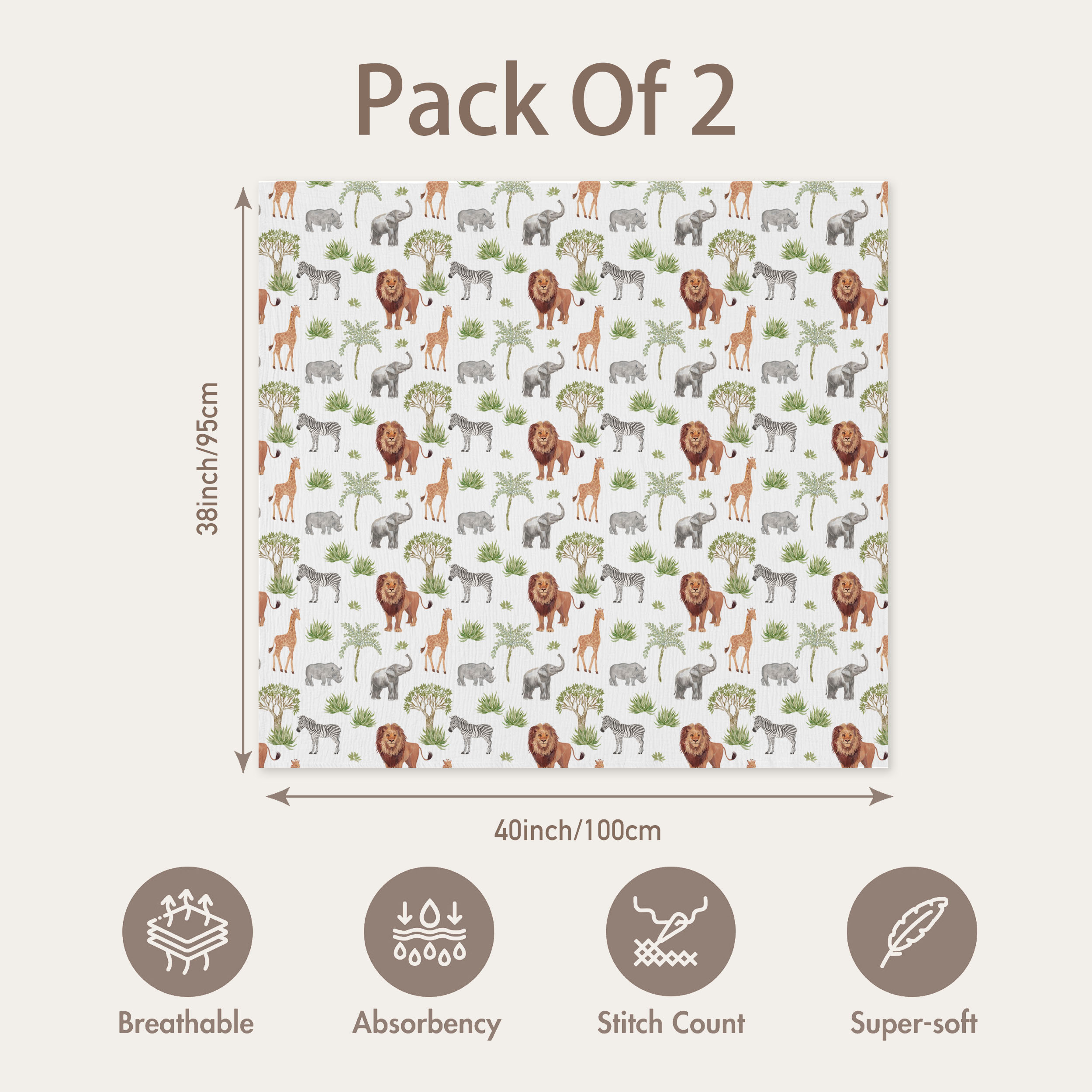 Muslin Swaddle Blankets 2-Pack | 38"x40" | Tropical Africa