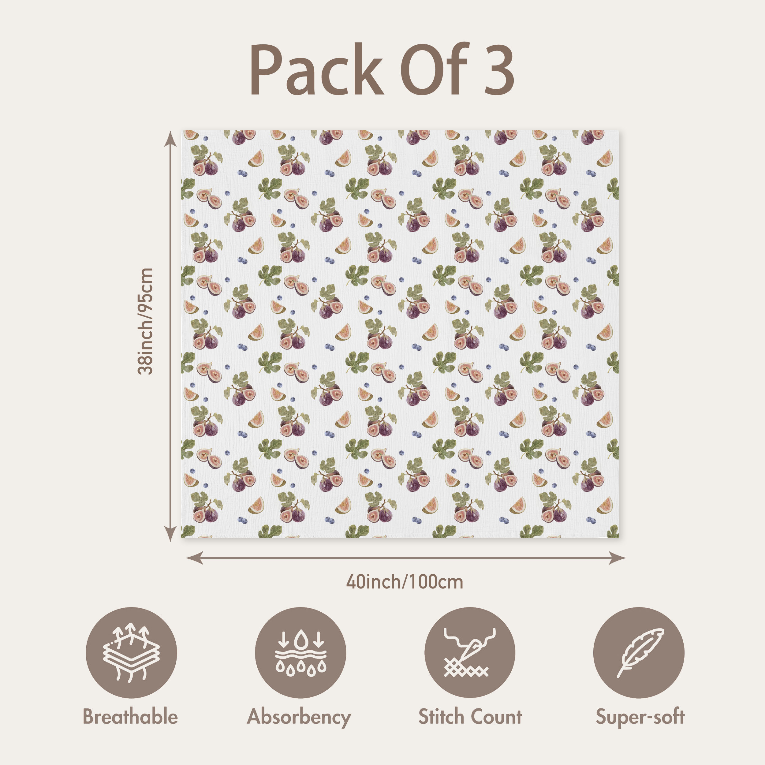 Muslin Swaddle Blankets 3-Pack | 38"x40" | Pick Fruits