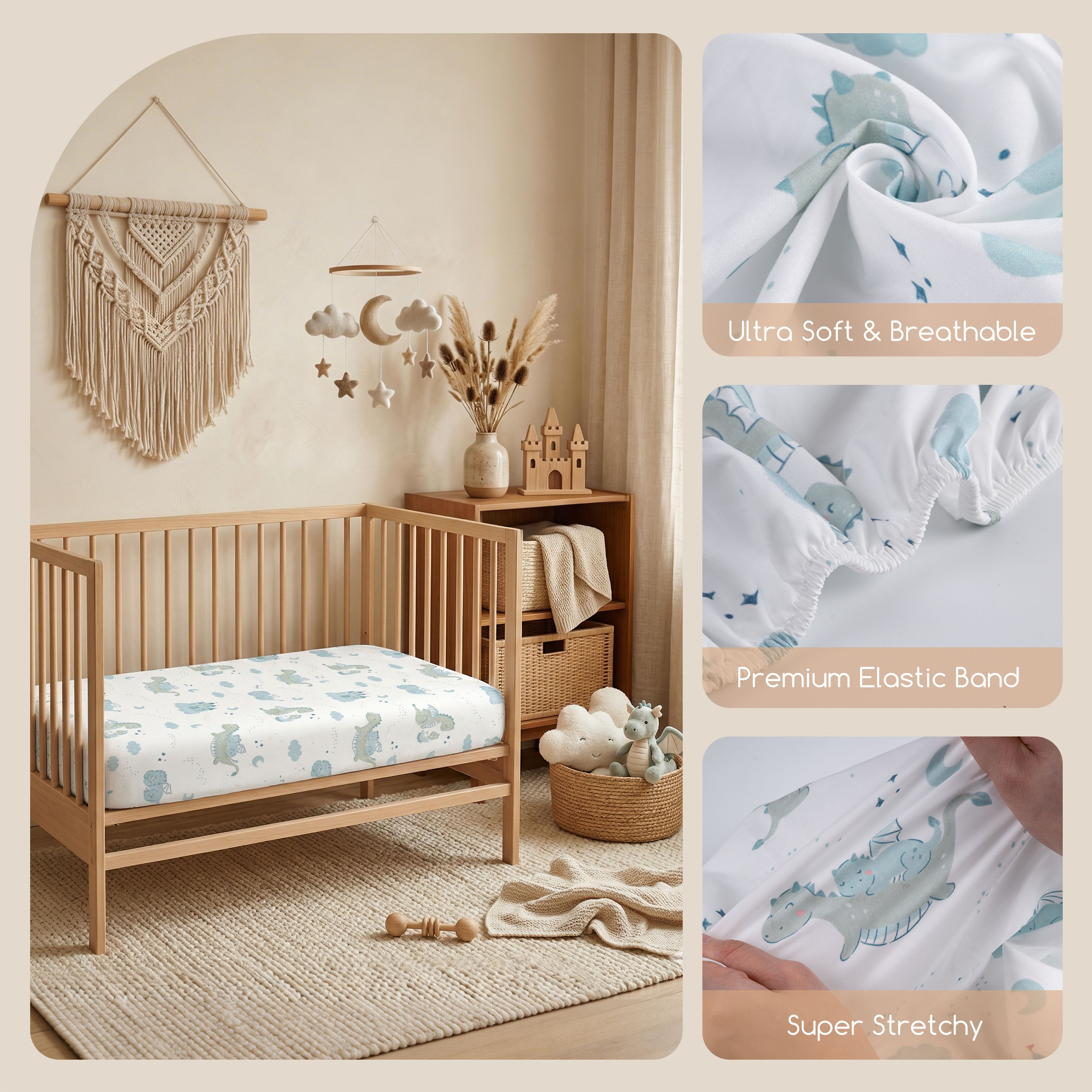 Fairy Dragon and Castle | Bassinet Sheets 3-Pack | 33*20''