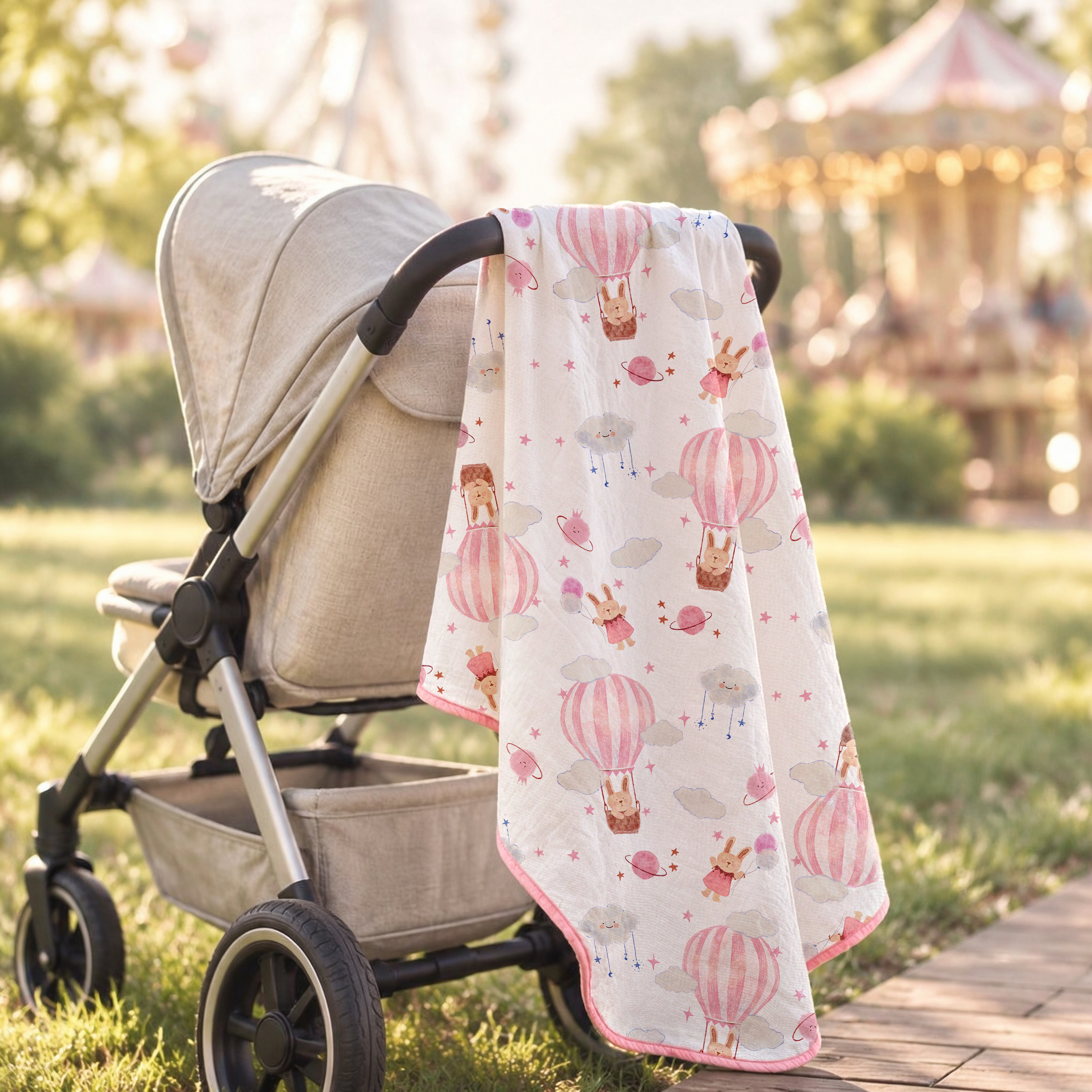 Muslin Swaddle Blankets 1-Pack | 31.5x43.3" | Pink Bunny Balloon