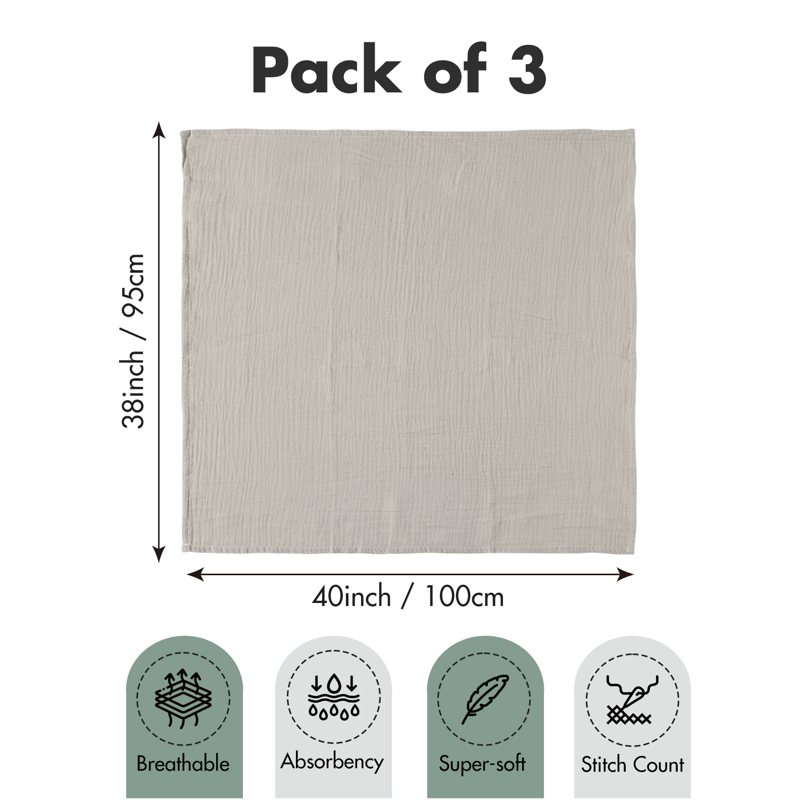 Muslin Swaddle Blankets 3-Pack, 38"x40" - Eucalyptus 