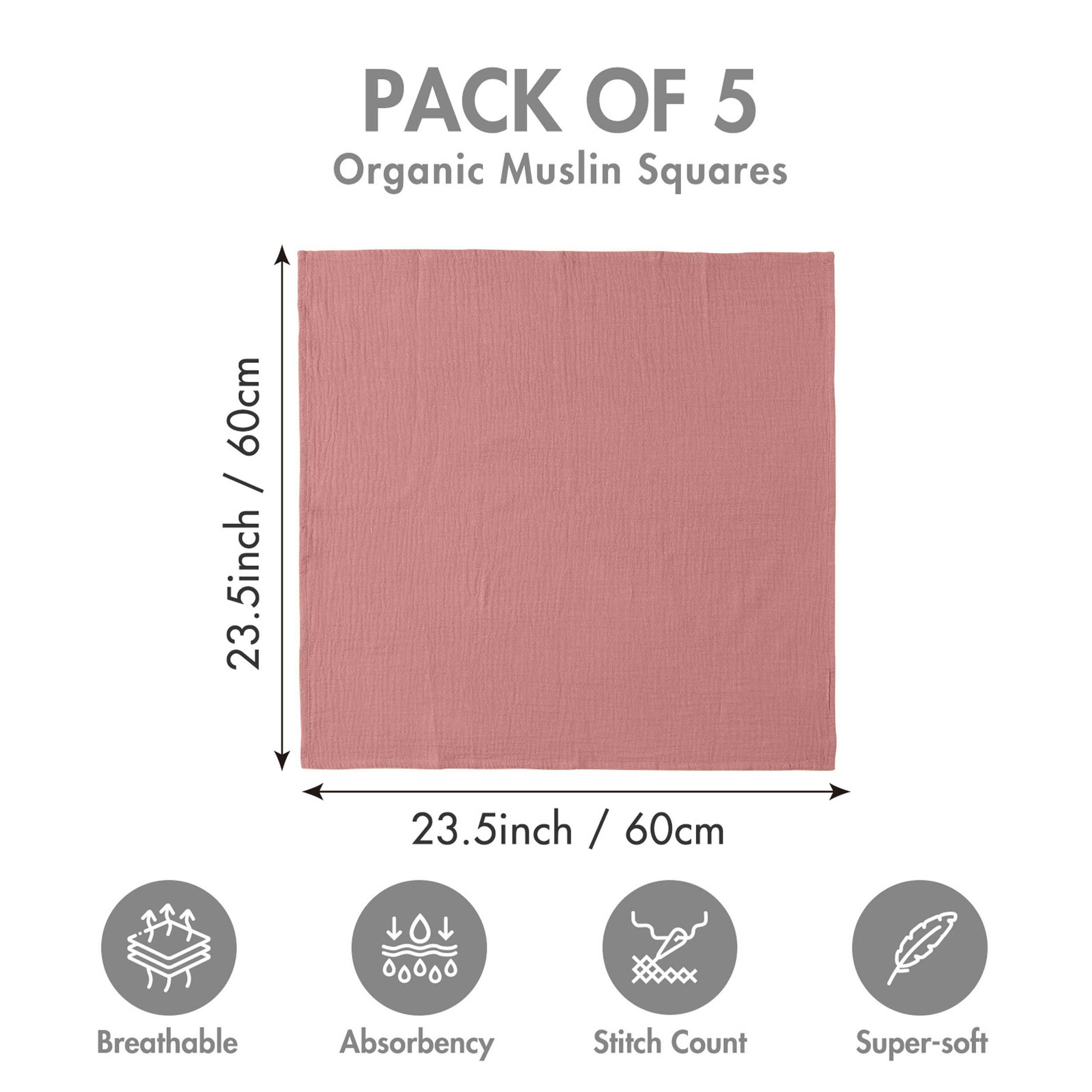 Muslin Swaddle Blankets 5-Pack | 23.5"x23.5" | Mellow Pink