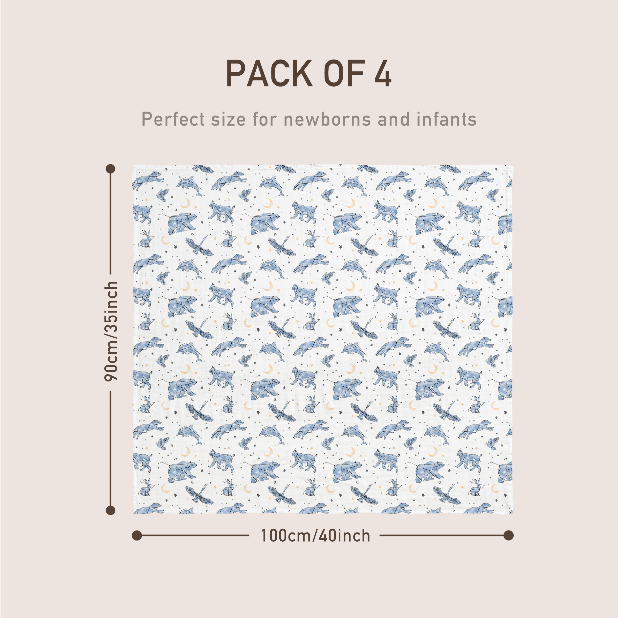 Muslin Swaddle Blankets 4-Pack | 35"x40" | Star