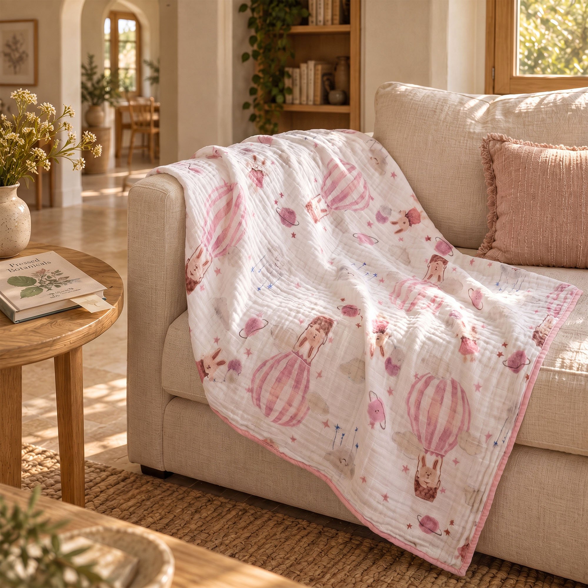 Muslin Swaddle Blankets 1-Pack | 31.5x43.3" | Pink Bunny Balloon