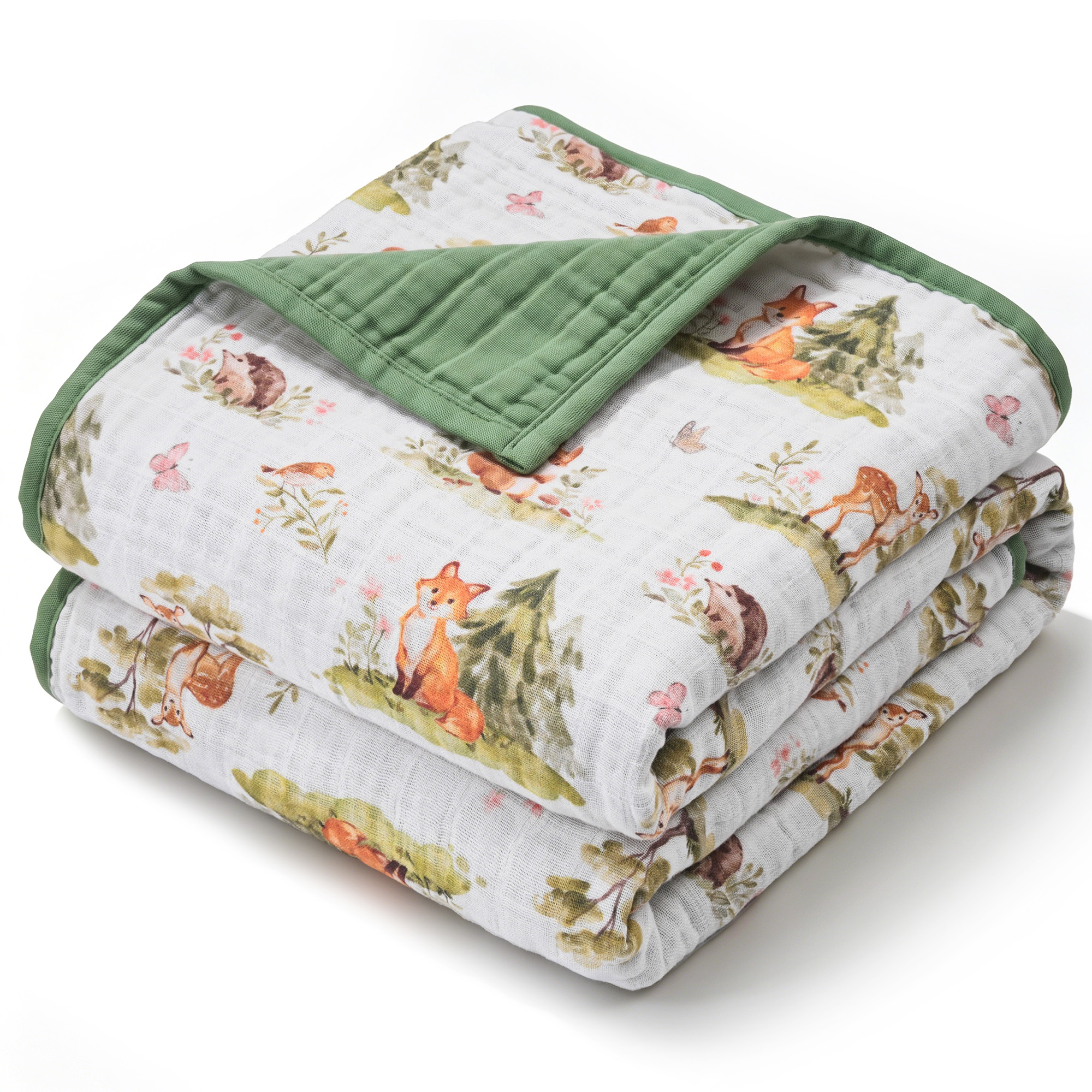 Muslin Swaddle Blankets 1-Pack | 31.5x43.3" | Green Forest Fox