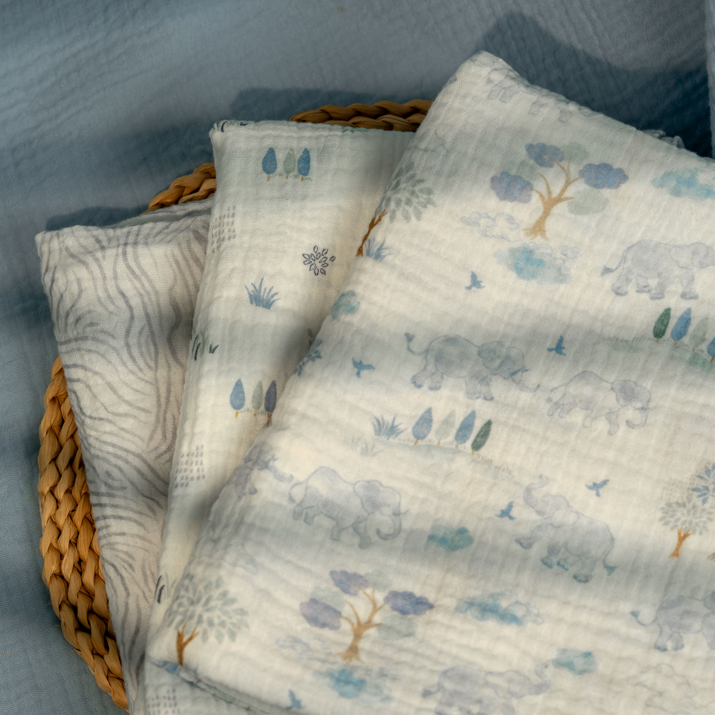 Muslin Swaddle Blankets 4-Pack | 38x40" | Bounce in the Blue