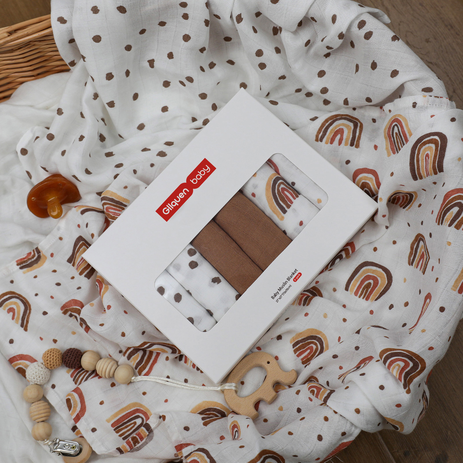 Muslin Swaddle Blankets 6-Pack | 27x27" | Rainbows