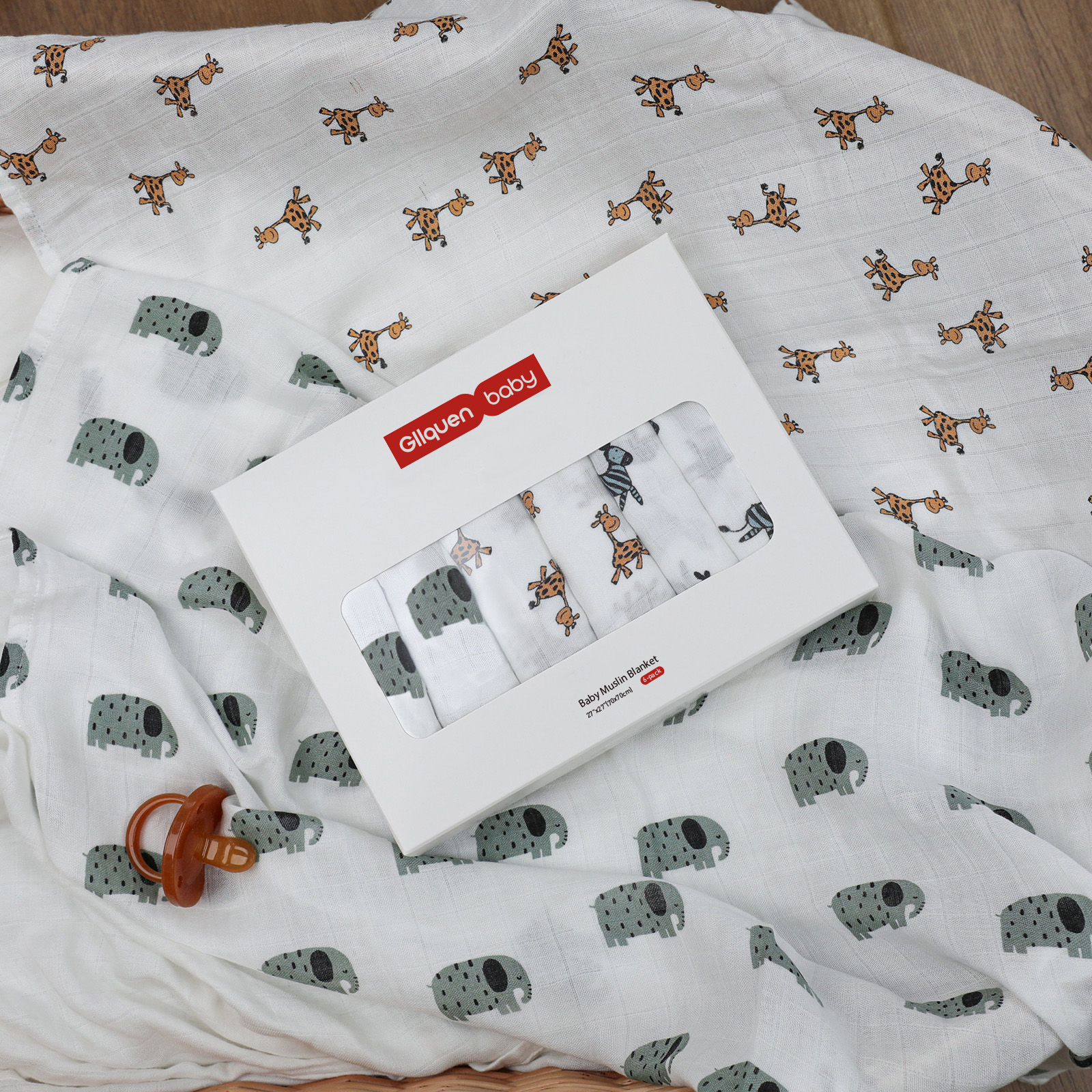 Muslin Swaddle Blankets 6-Pack | 27x27" | Elephant