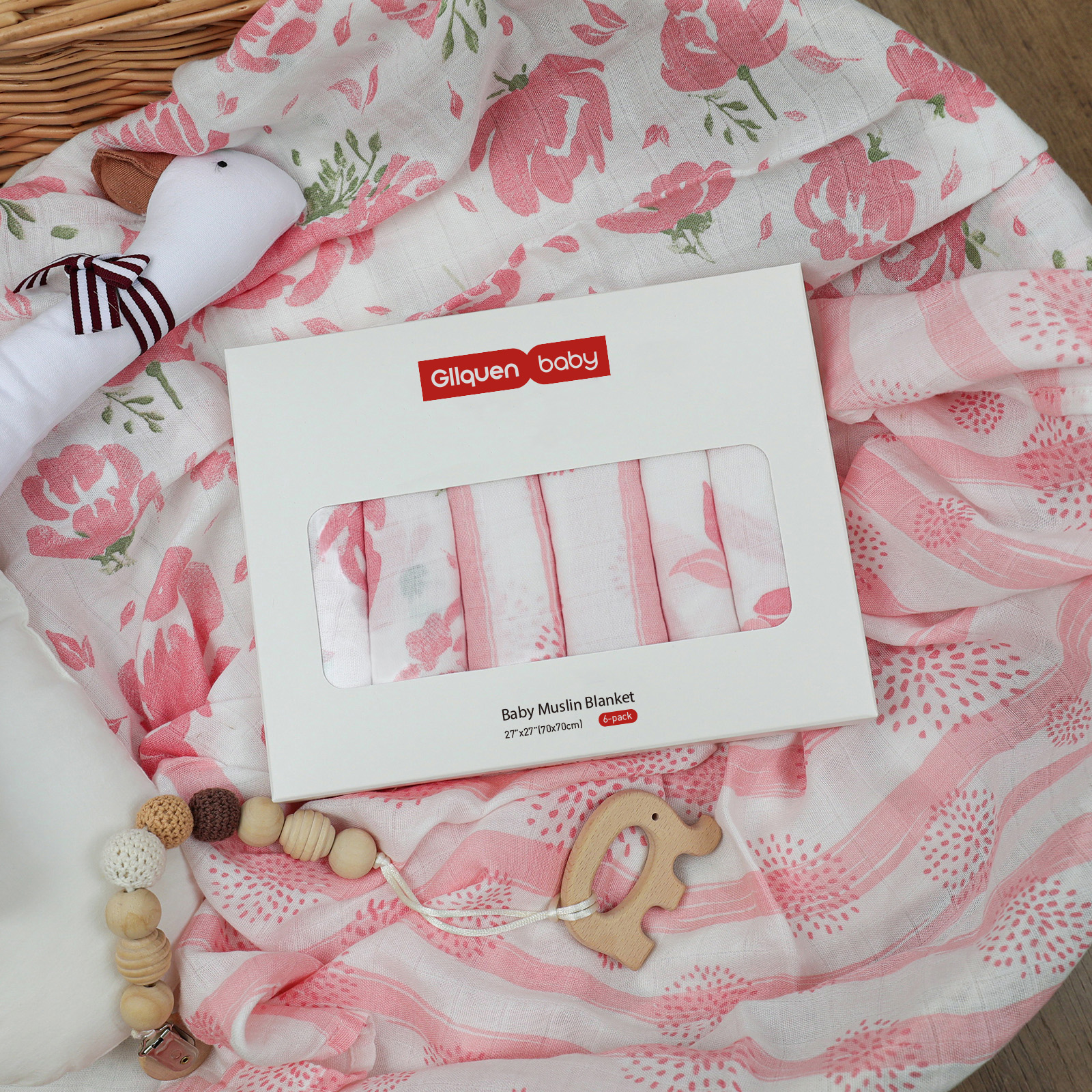 Muslin Swaddle Blankets 6-Pack | 27x27" | Pink Floral