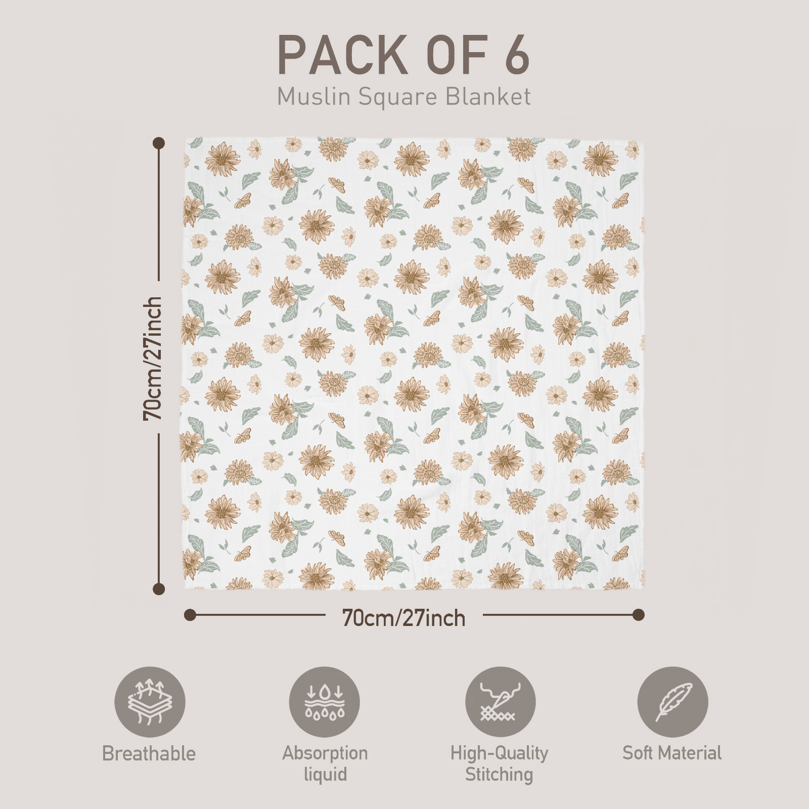 Muslin Swaddle Blankets 6-Pack | 27x27" | Sunflower