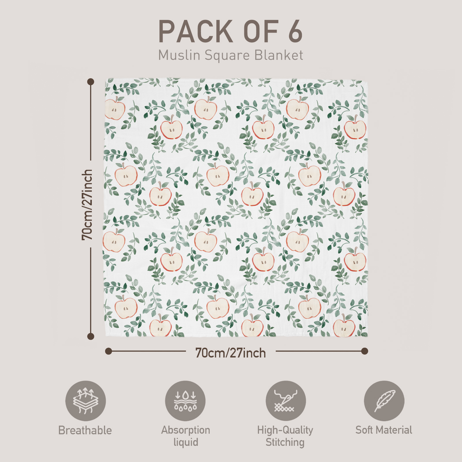 Muslin Swaddle Blankets 6-Pack | 27x27" | Apple Paradise