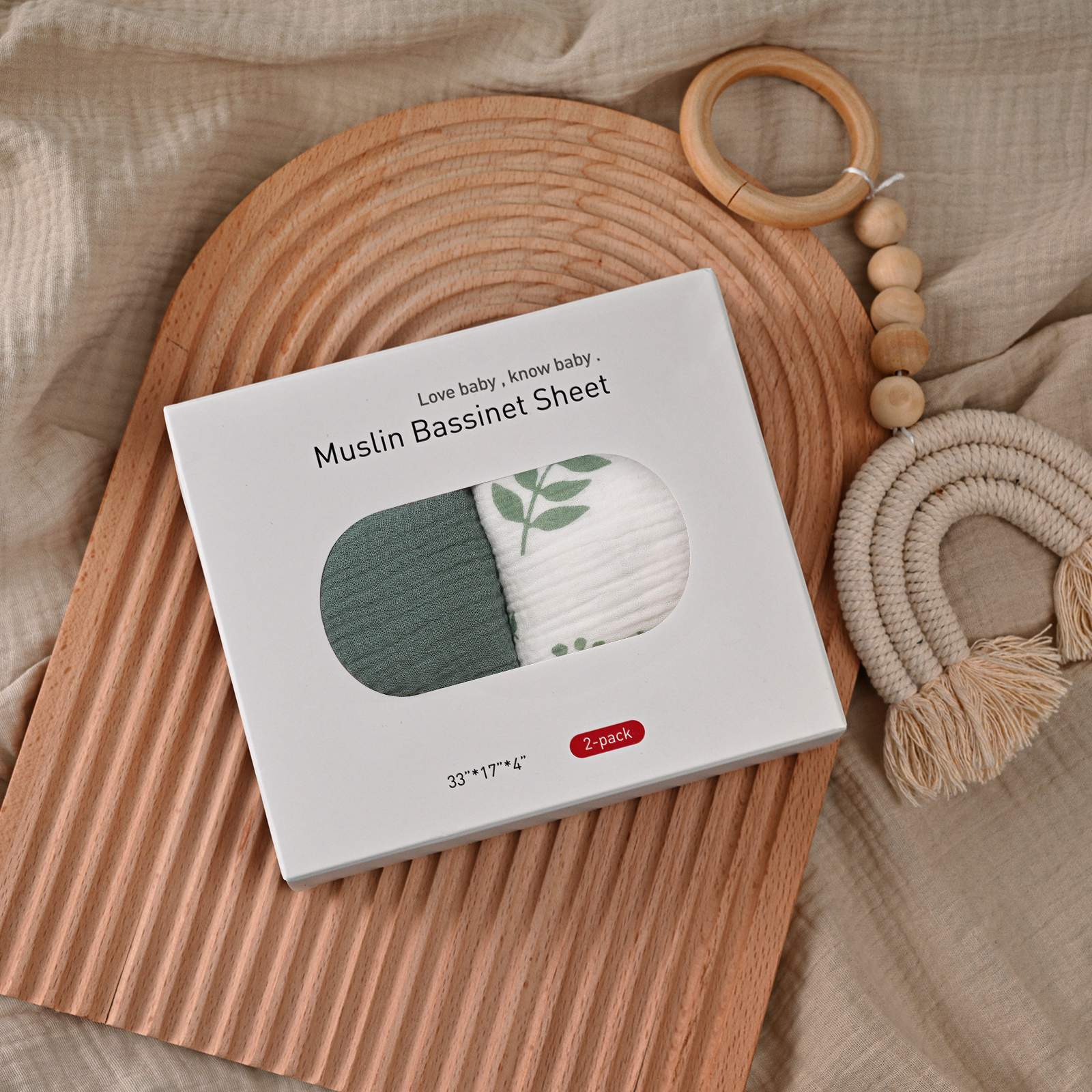 Natural Leaves  | Muslin Bassinet Sheets 2-Pack | 33''*17'' 100% Muslin Cotton