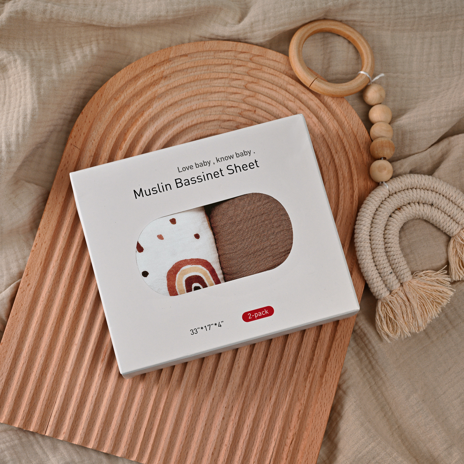 Natural&Rainbow  | Muslin Bassinet Sheets 2-Pack | 33''*17'' 100% Muslin Cotton