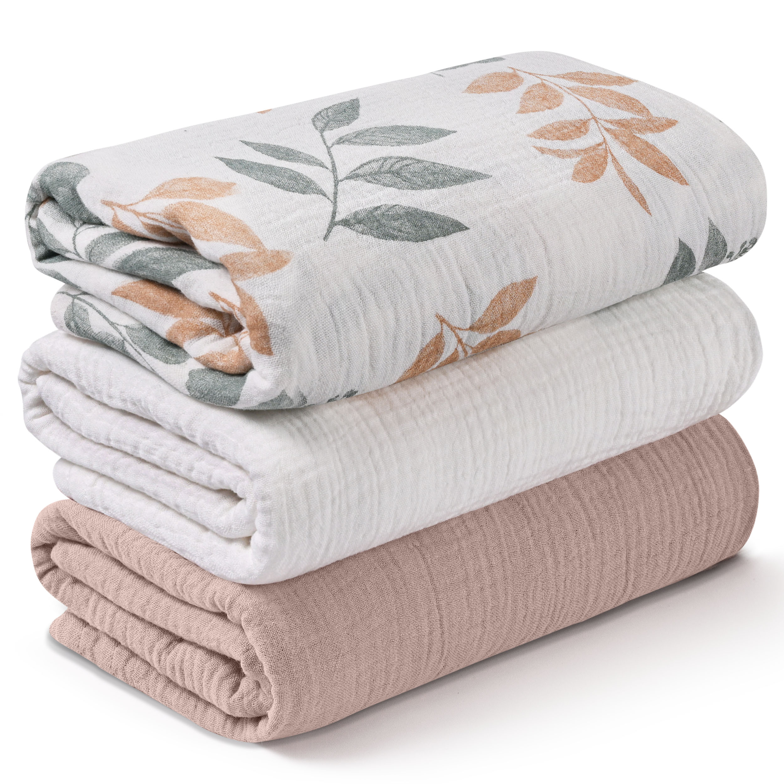 Muslin Swaddle Blankets 3-Pack | 38x40" | Bicolour Leaf