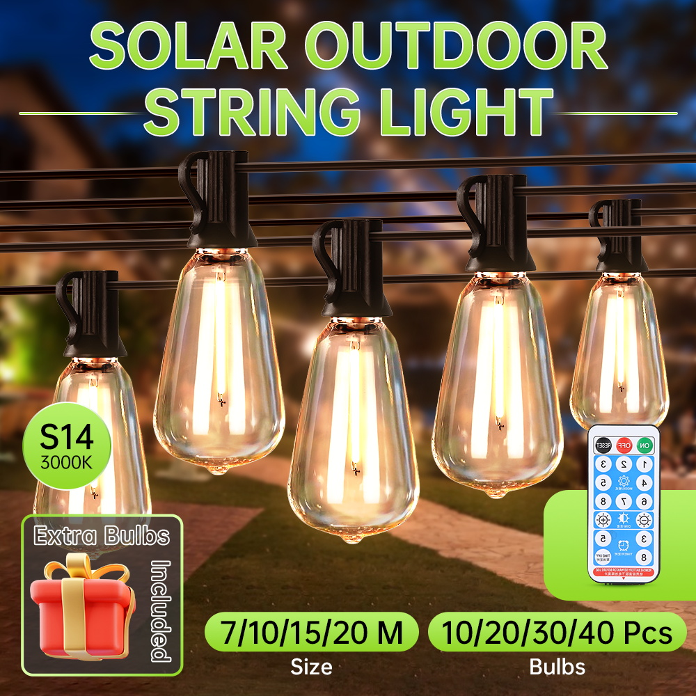 CANMEIJIA  Solar String Lights Model 002 with Remote Control, E12 Base, ST38 Warm Light Bulb-CANMEILIGHTS