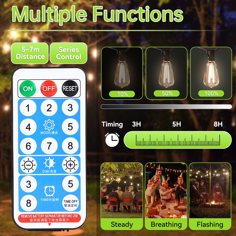 CANMEIJIA  Solar String Lights Model 002 with Remote Control, E12 Base, ST38 Warm Light Bulb-CANMEILIGHTS