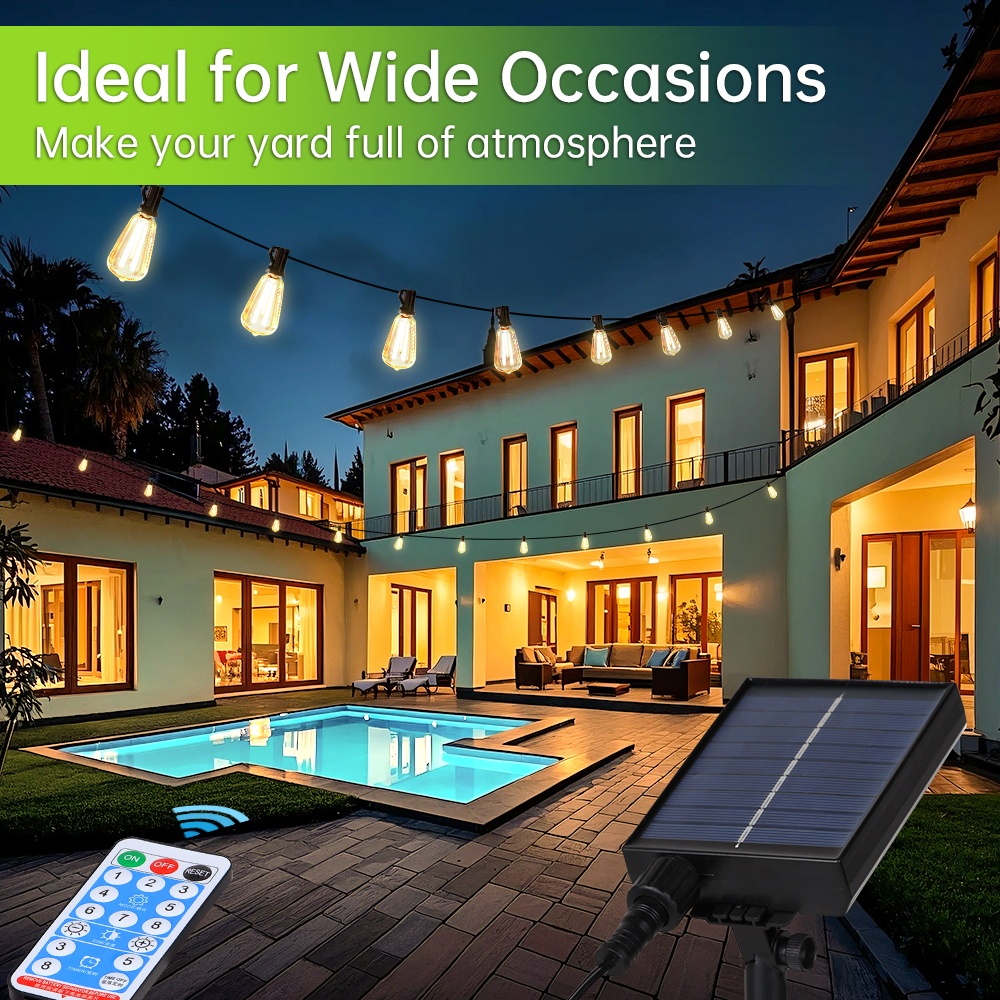 CANMEIJIA  Solar String Lights Model 002 with Remote Control, E12 Base, ST38 Warm Light Bulb-CANMEILIGHTS