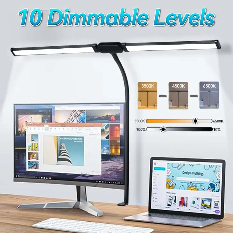 CANMEIJIA Black LED Desk Lamp, Swing Arm Dimmable Task Lamp, Eye Care Table Lamp with Clamp and Base