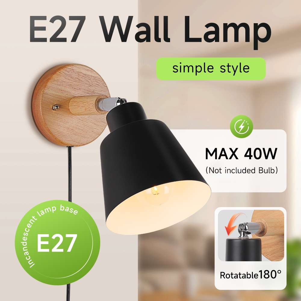 CANMEIJIA  Wall lamp with wooden base, E27 socket (light bulb not included)-CANMEILIGHTS