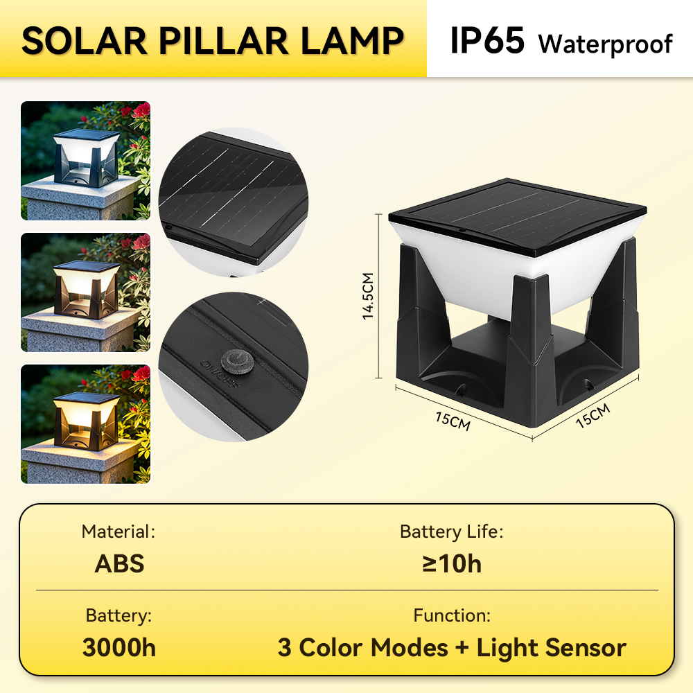 Outdoor Solar Post Light - Square Tri-Color Pillar Light | Canmeijia-CANMEILIGHTS