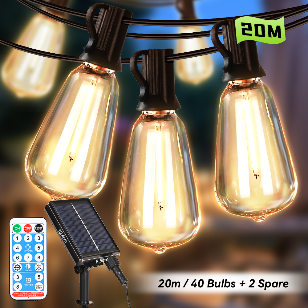 CANMEIJIA  Solar String Lights Model 002 with Remote Control, E12 Base, ST38 Warm Light Bulb-CANMEILIGHTS