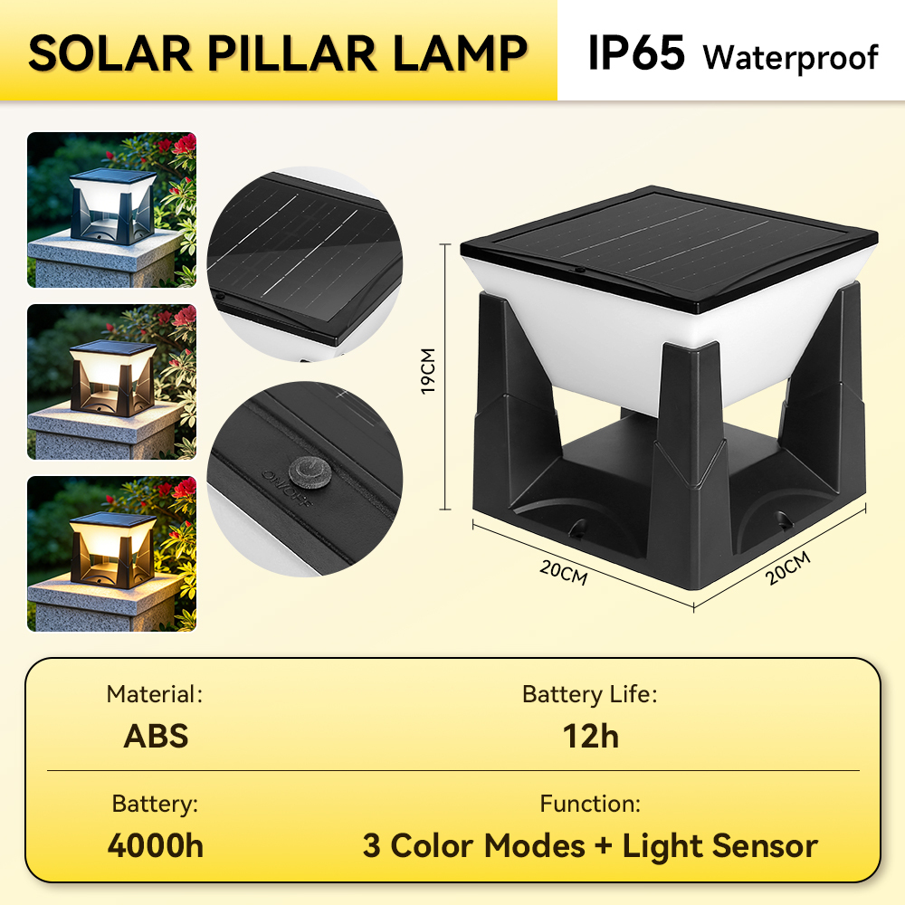 Outdoor Solar Post Light - Square Tri-Color Pillar Light | Canmeijia-CANMEILIGHTS