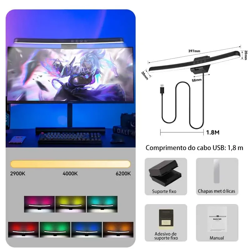 CANMEIJIA RGB Monitor Light Bar,Monitor Light Bar,Touch Control Dimmable Computer Monitor Lamp with 7 Color RGB