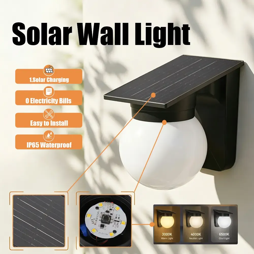 CANMEIJIA Solar Wall Light (Globe Style) – Black – Push-Button Control & 3-Color Light Adjustment