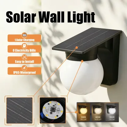 CANMEIJIA Solar Wall Light (Globe Style) – Black – Push-Button Control & 3-Color Light Adjustment