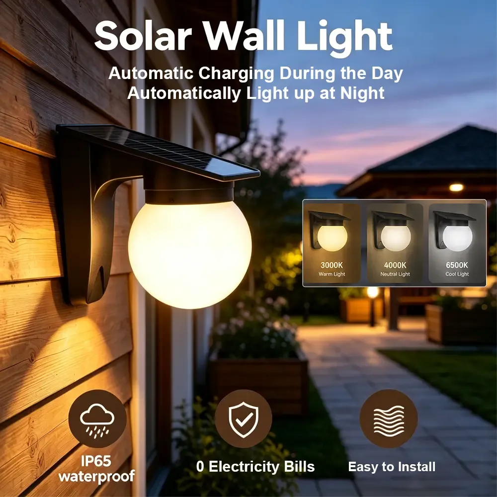 CANMEIJIA Solar Wall Light (Globe Style) – Black – Push-Button Control & 3-Color Light Adjustment